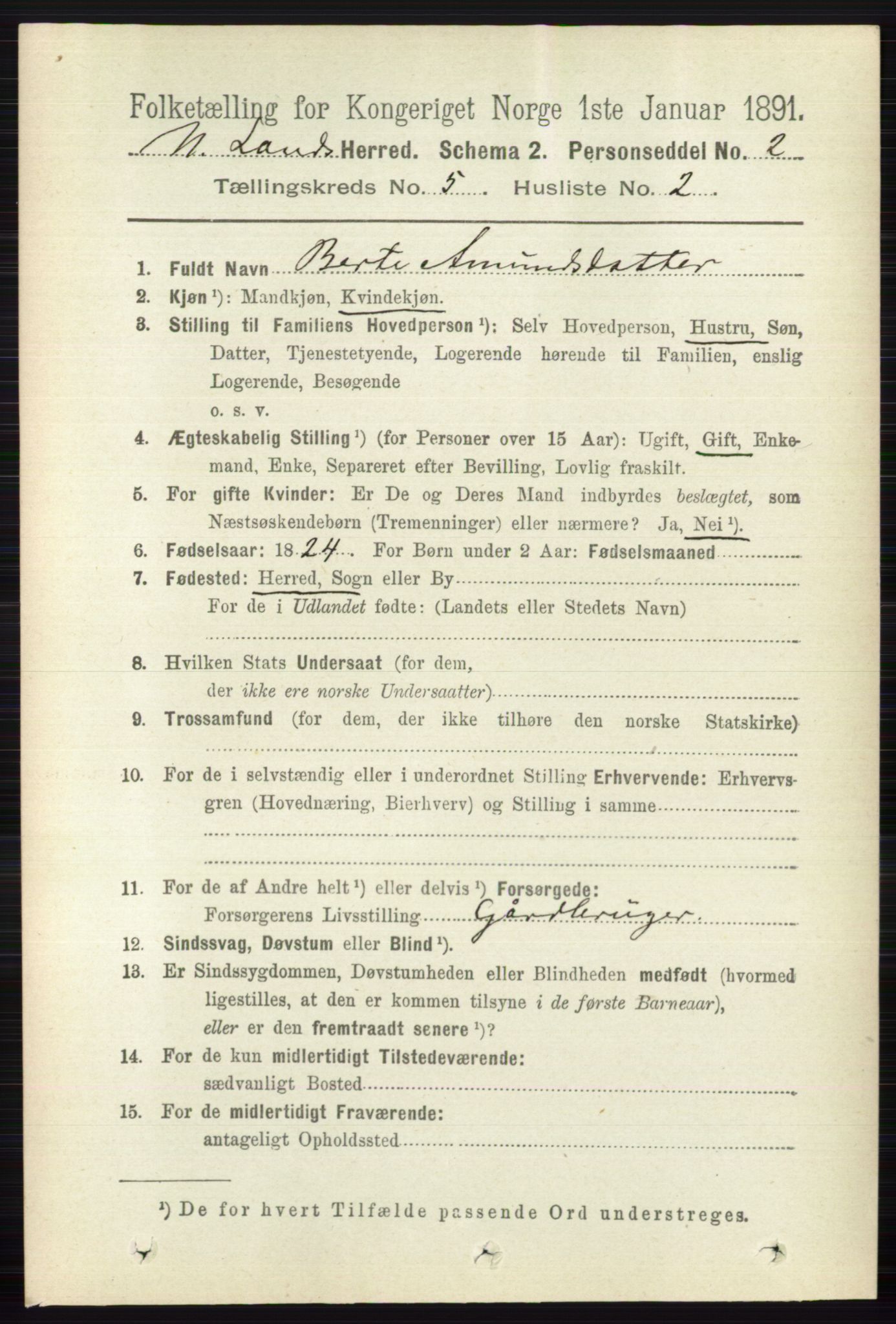 RA, 1891 census for 0538 Nordre Land, 1891, p. 1557