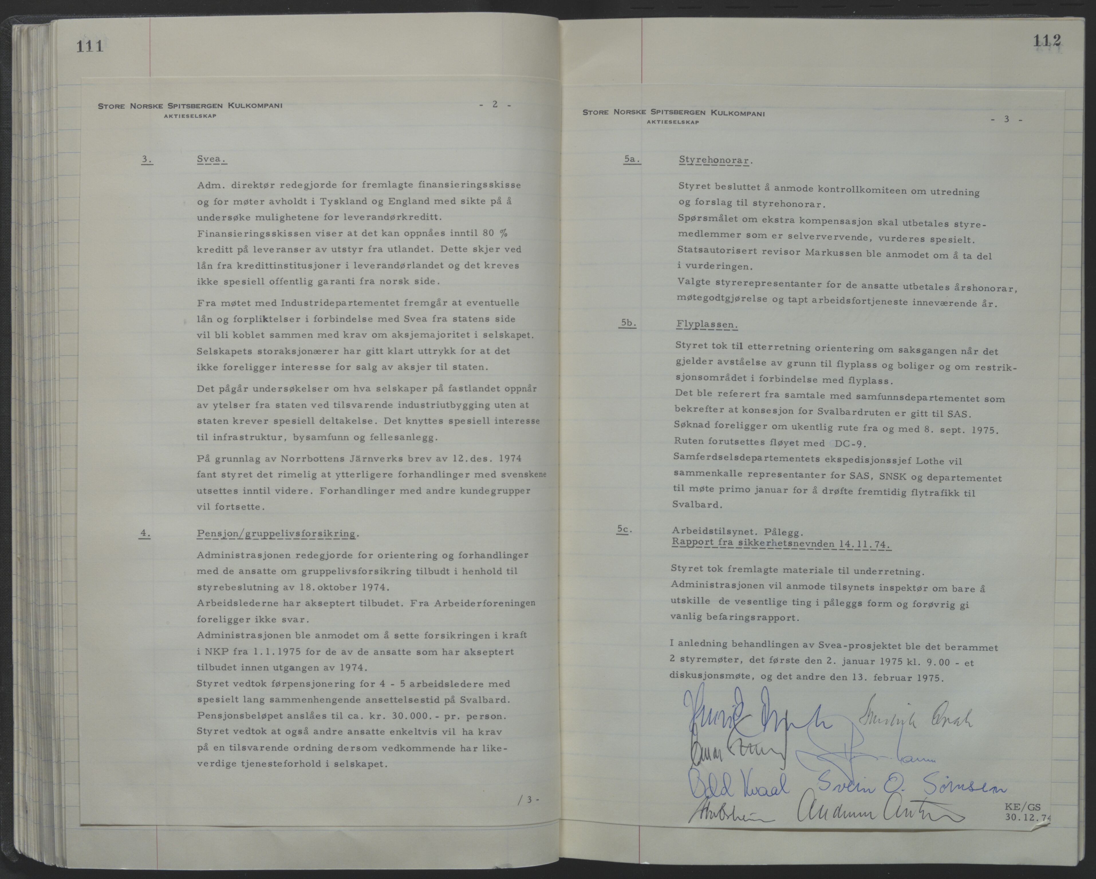 Store Norske Spitsbergen Kulkompani A/S, AV/SATØ-P-0073/09/A/Ab/Aba/L0001: Styreprotokoll 6, 1970-1979, p. 111-112
