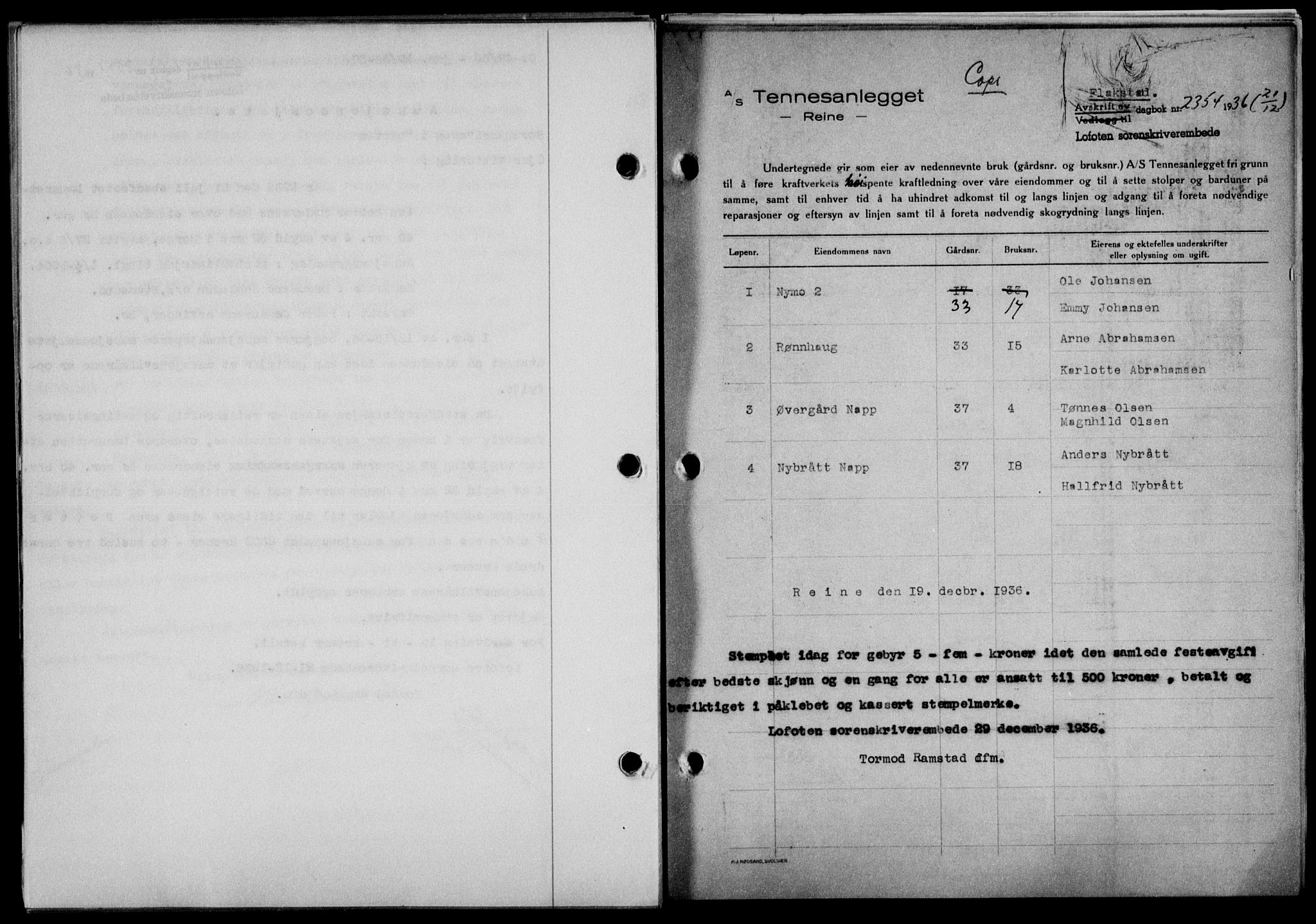 Lofoten sorenskriveri, SAT/A-0017/1/2/2C/L0001a: Mortgage book no. 1a, 1936-1937, Diary no: : 2354/1936