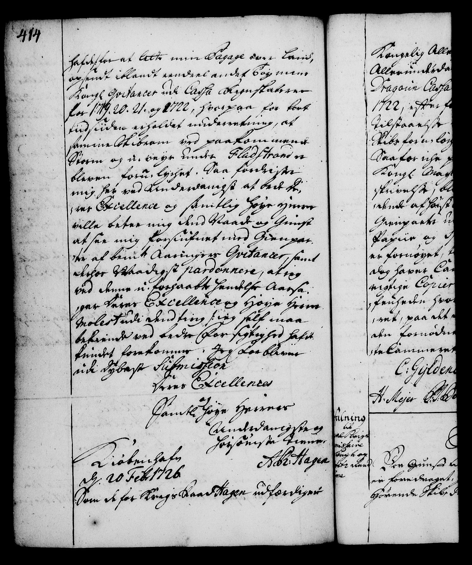 Rentekammeret, Kammerkanselliet, RA/EA-3111/G/Gg/Gga/L0002: Norsk ekspedisjonsprotokoll med register (merket RK 53.2), 1723-1727, p. 414