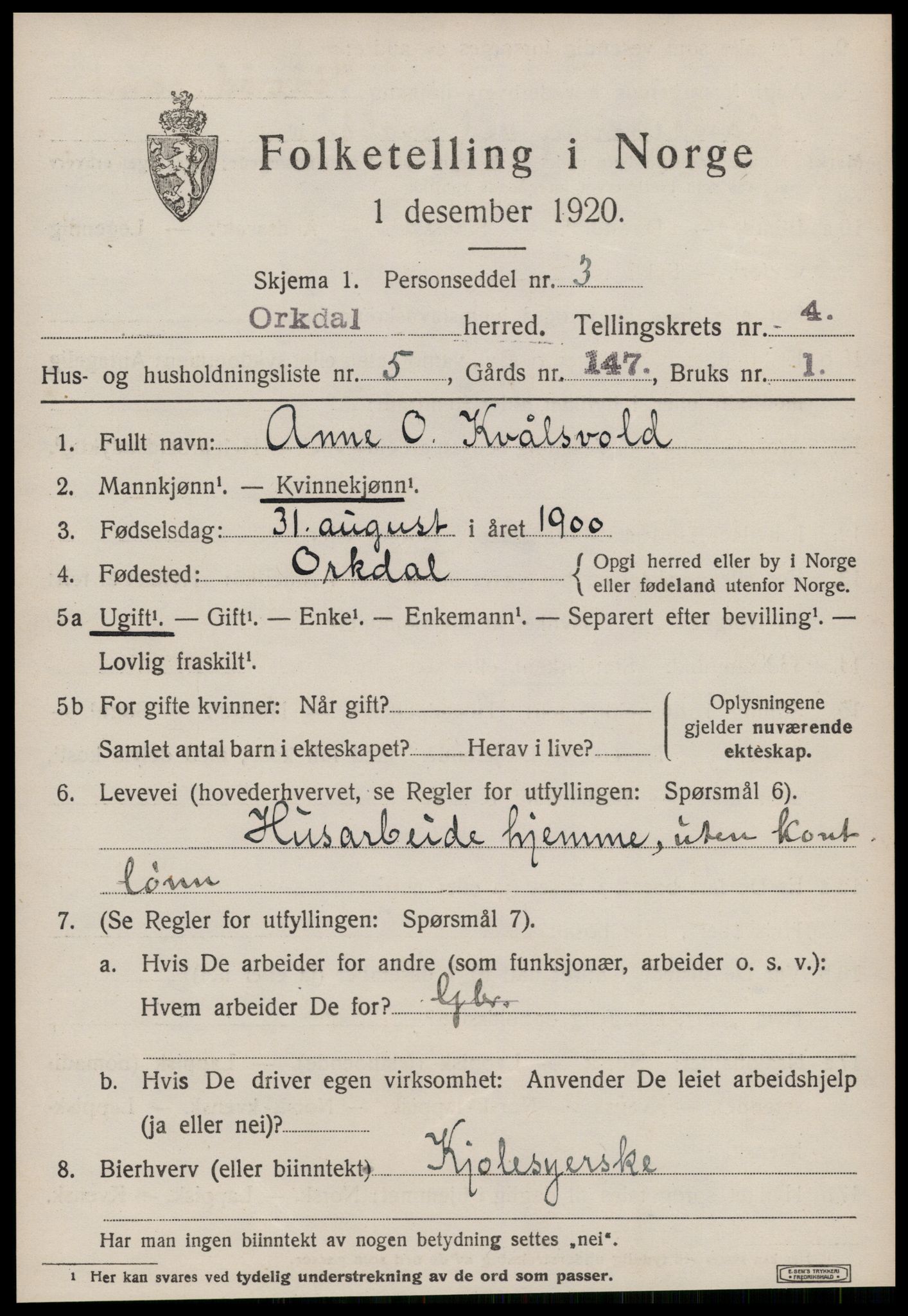 SAT, 1920 census for Orkdal, 1920, p. 3900