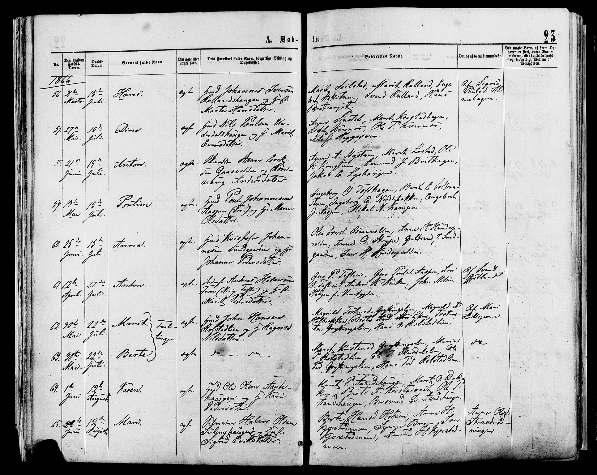 Sør-Fron prestekontor, AV/SAH-PREST-010/H/Ha/Haa/L0002: Parish register (official) no. 2, 1864-1880, p. 23