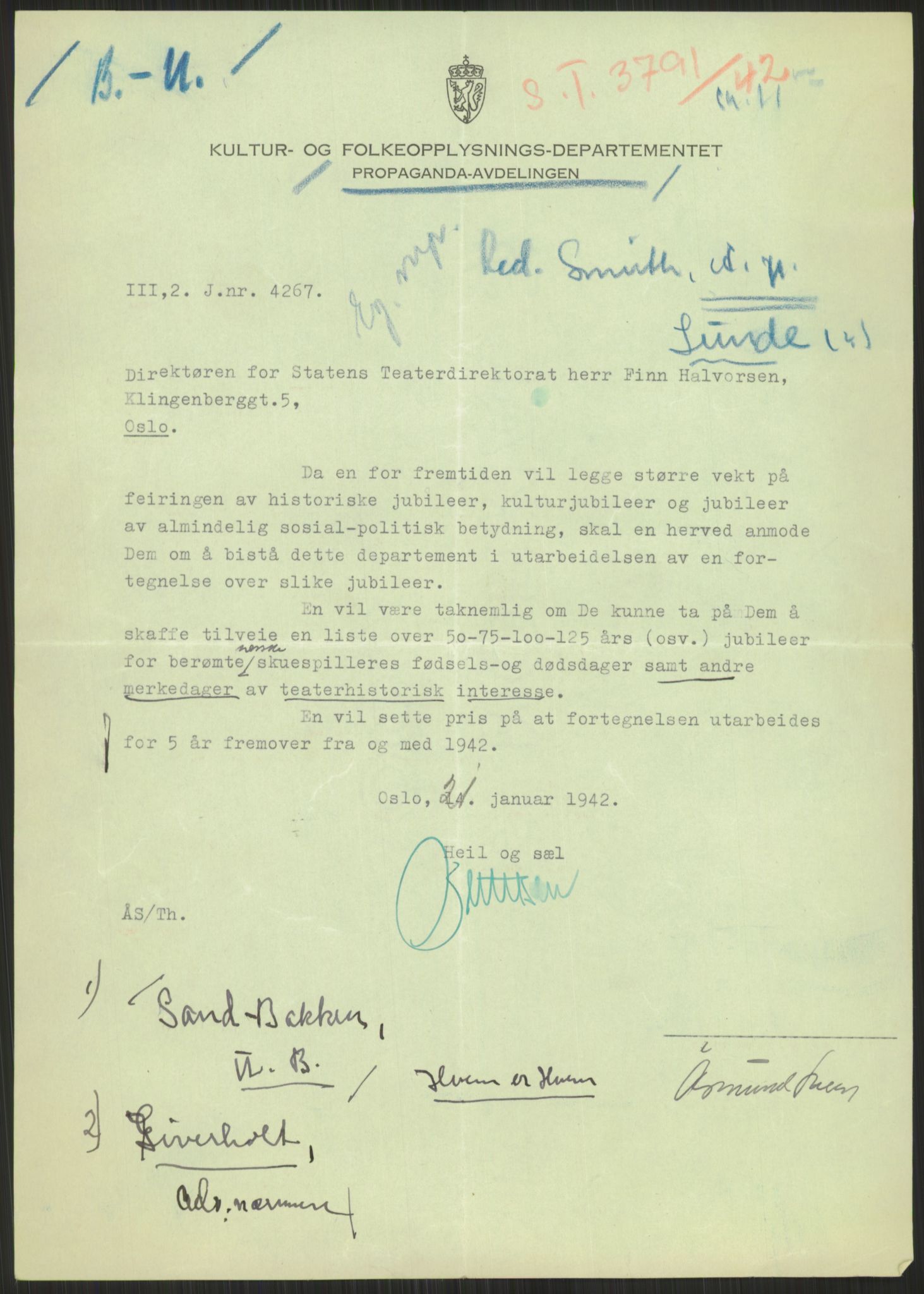 Kultur- og folkeopplysningsdepartementet. Kulturavdelingen. Statens teaterdirektorat, AV/RA-S-6129/D/Da/L0027/0001: -- / Kulturdepartementet.(Propagandaavdelingen), 1942, p. 3