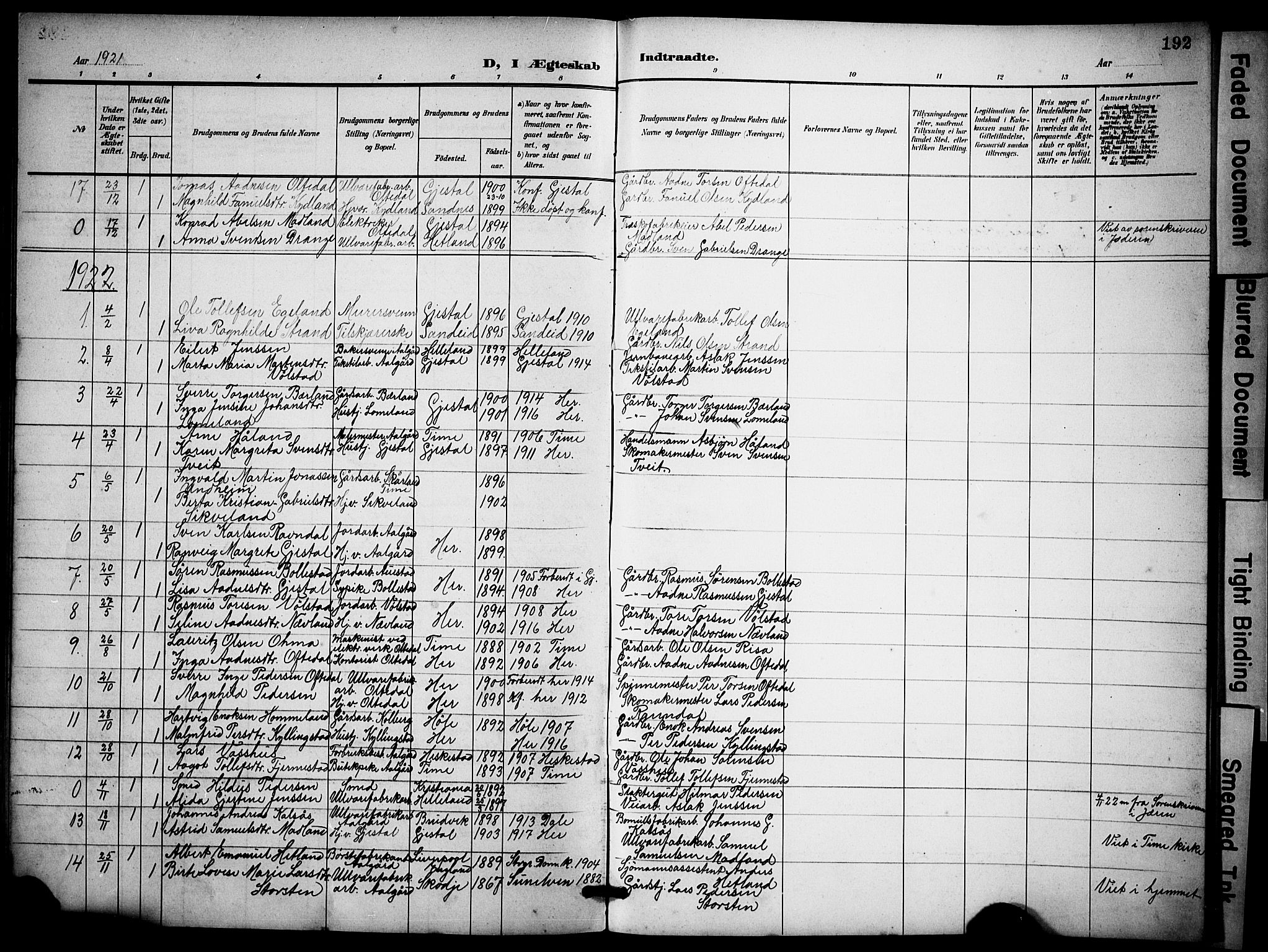 Lye sokneprestkontor, SAST/A-101794/001/30BB/L0009: Parish register (copy) no. B 9, 1902-1923, p. 192