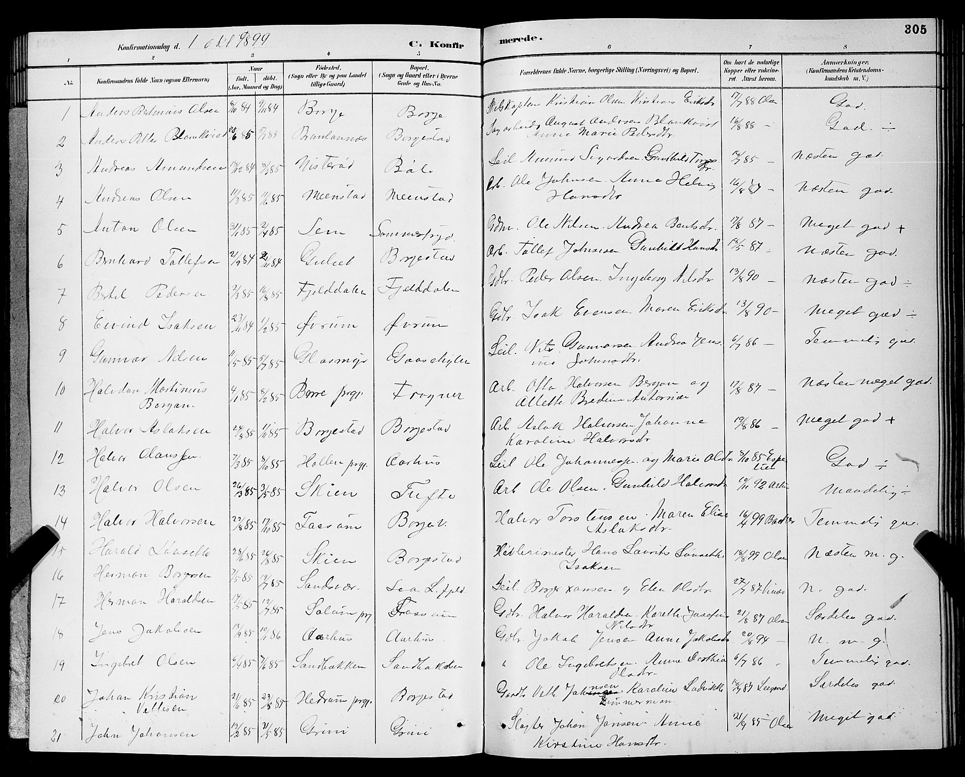 Gjerpen kirkebøker, AV/SAKO-A-265/G/Ga/L0002: Parish register (copy) no. I 2, 1883-1900, p. 305