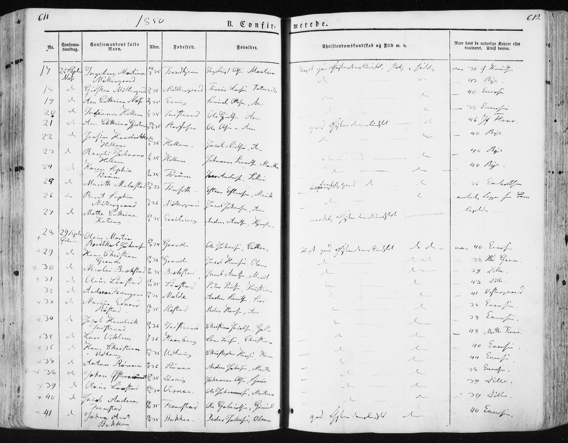 Ministerialprotokoller, klokkerbøker og fødselsregistre - Sør-Trøndelag, SAT/A-1456/659/L0736: Parish register (official) no. 659A06, 1842-1856, p. 611-612