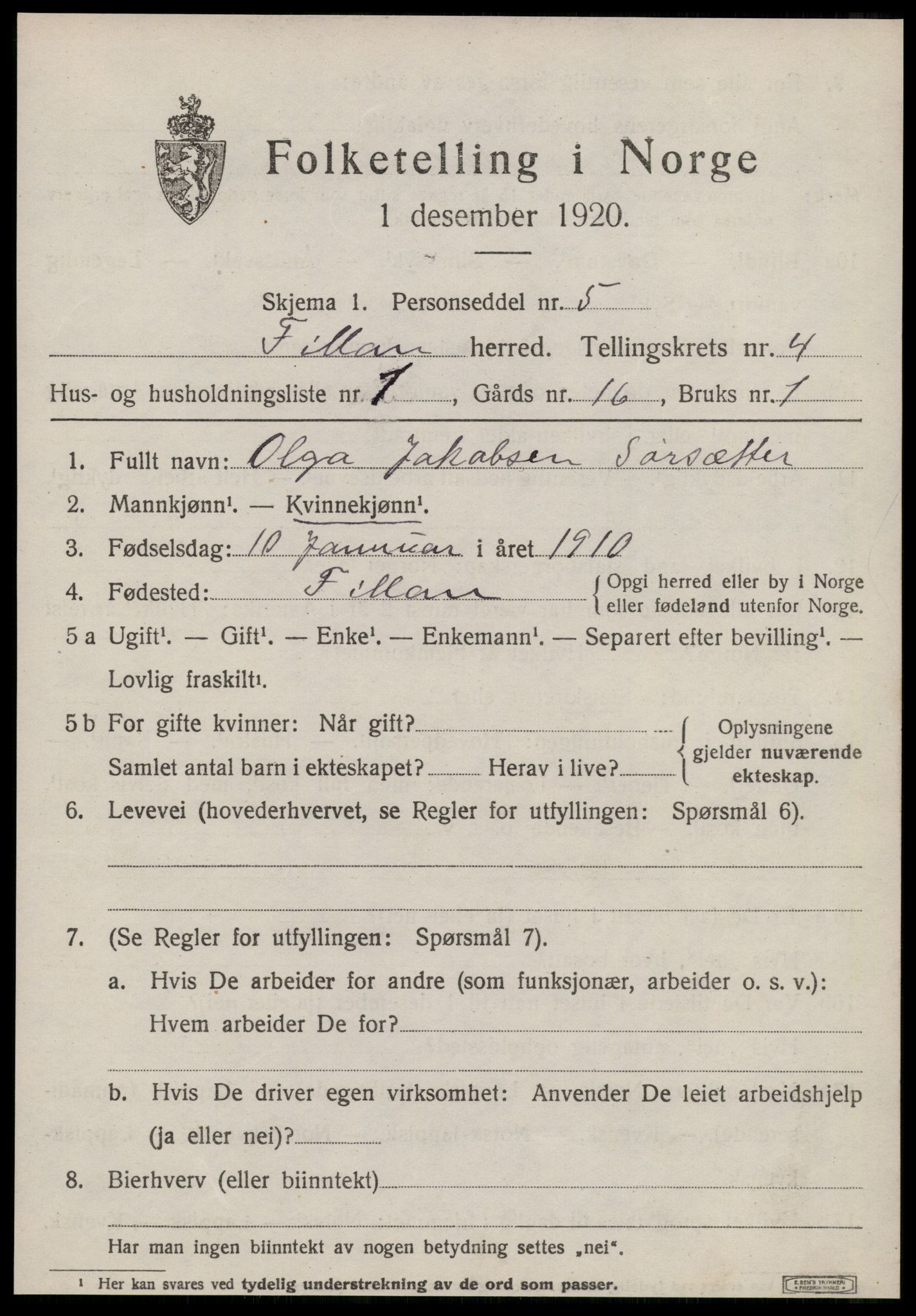 SAT, 1920 census for Fillan, 1920, p. 1768