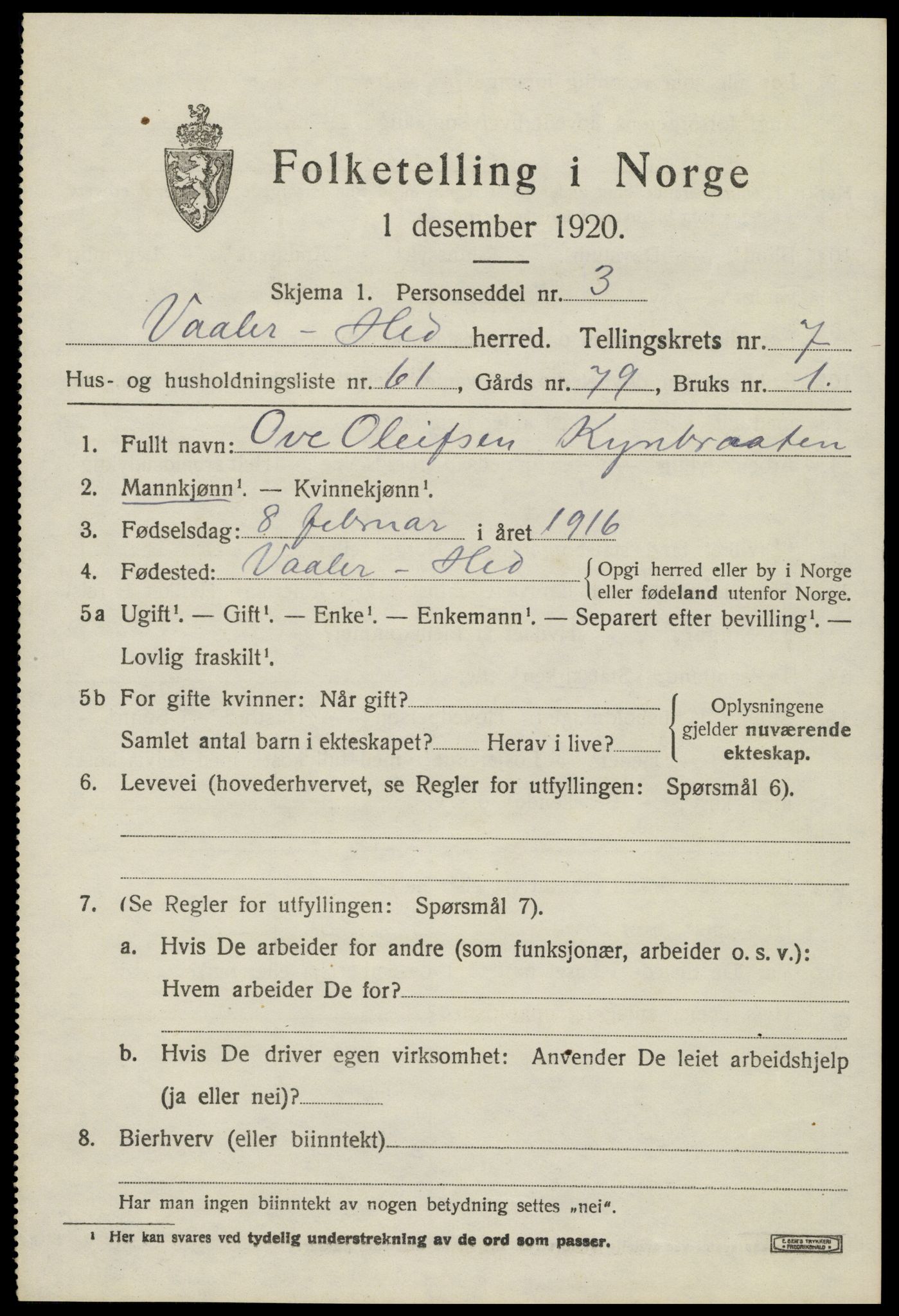 SAH, 1920 census for Våler (Hedmark), 1920, p. 8231