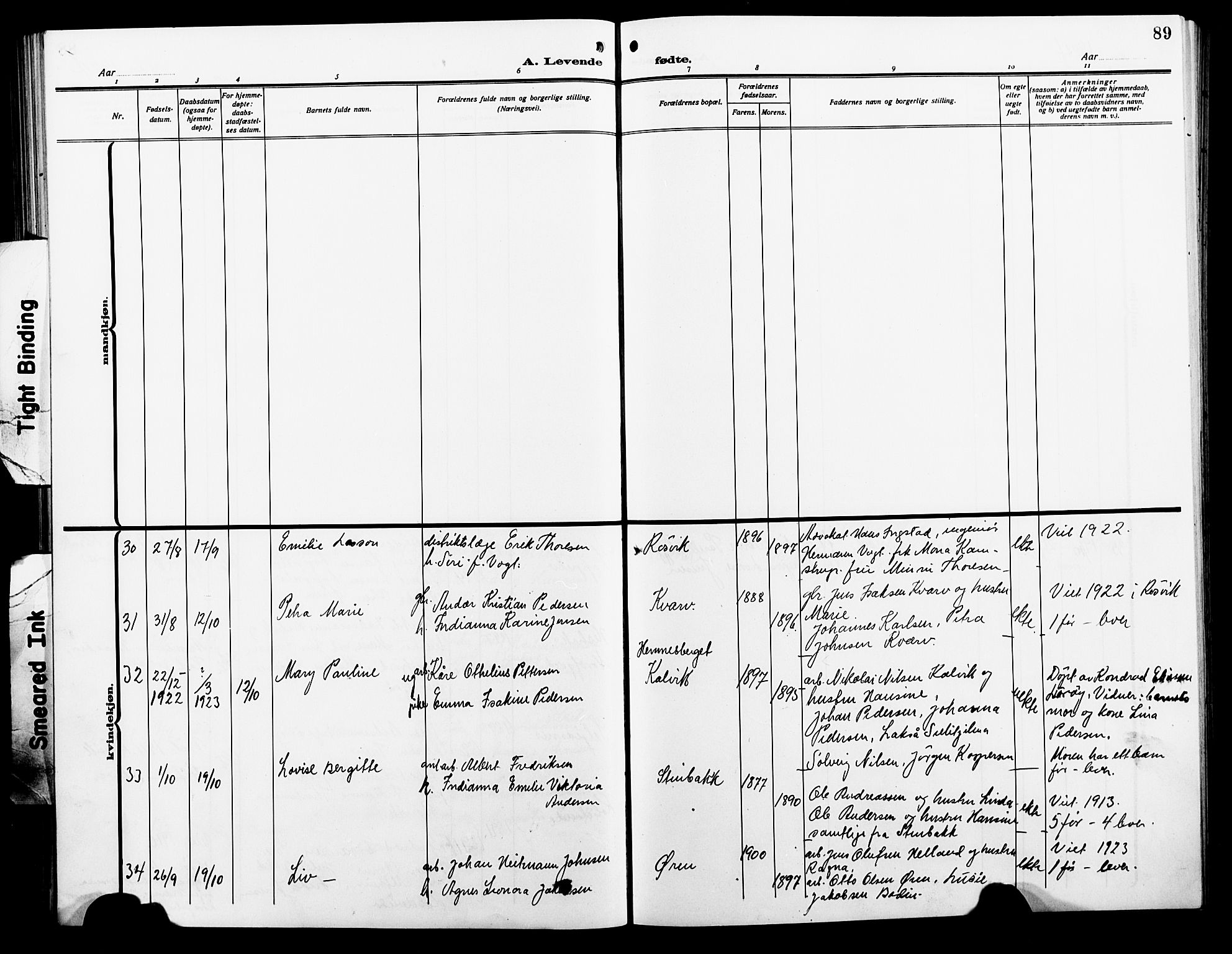 Ministerialprotokoller, klokkerbøker og fødselsregistre - Nordland, AV/SAT-A-1459/854/L0787: Parish register (copy) no. 854C03, 1913-1926, p. 89