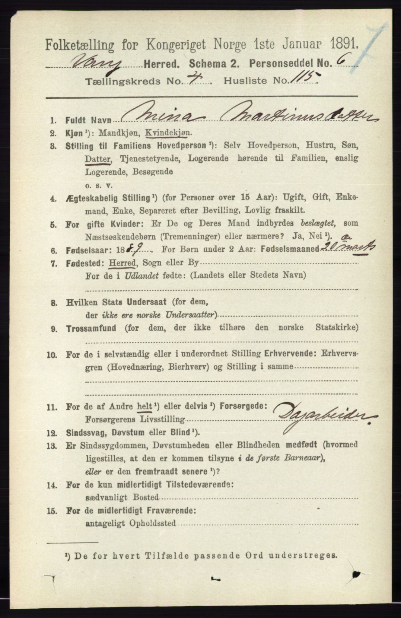 RA, 1891 census for 0414 Vang, 1891, p. 3380