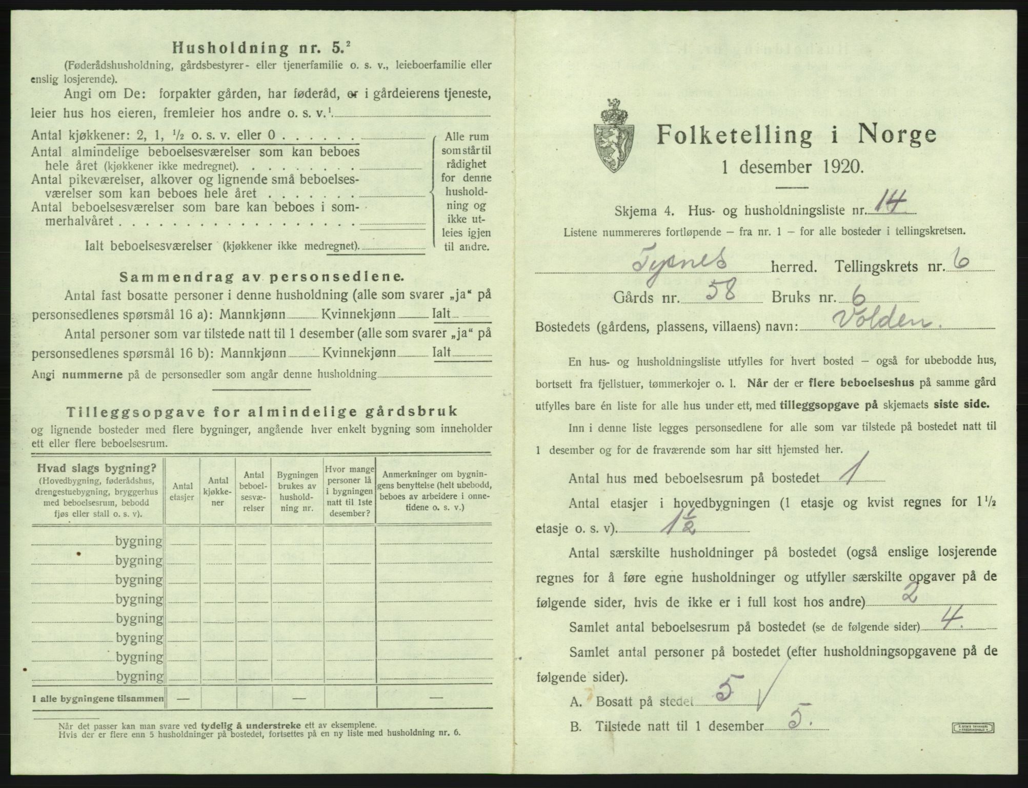 SAB, 1920 census for Tysnes, 1920, p. 543