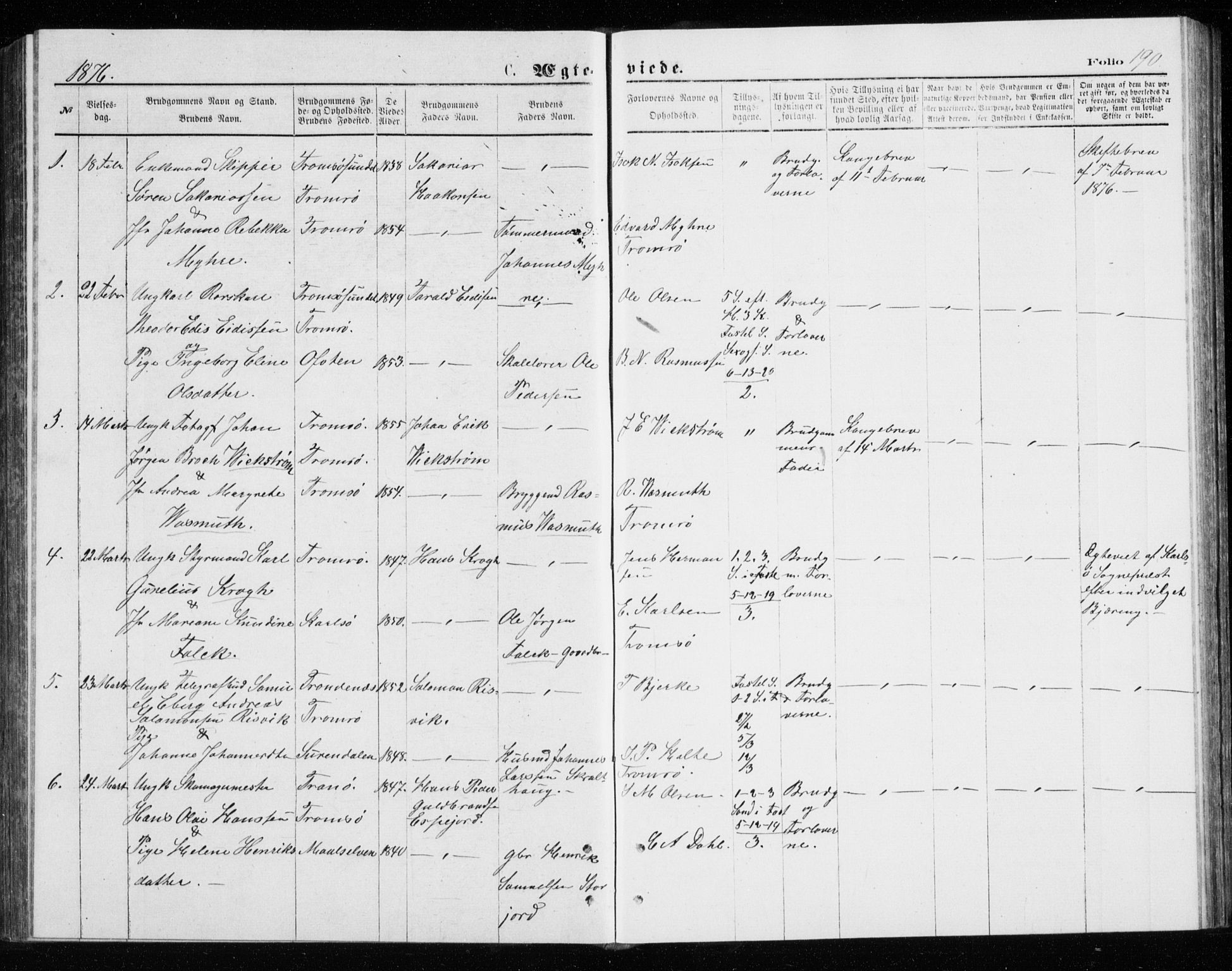 Tromsø sokneprestkontor/stiftsprosti/domprosti, SATØ/S-1343/G/Gb/L0008klokker: Parish register (copy) no. 8, 1875-1879, p. 190