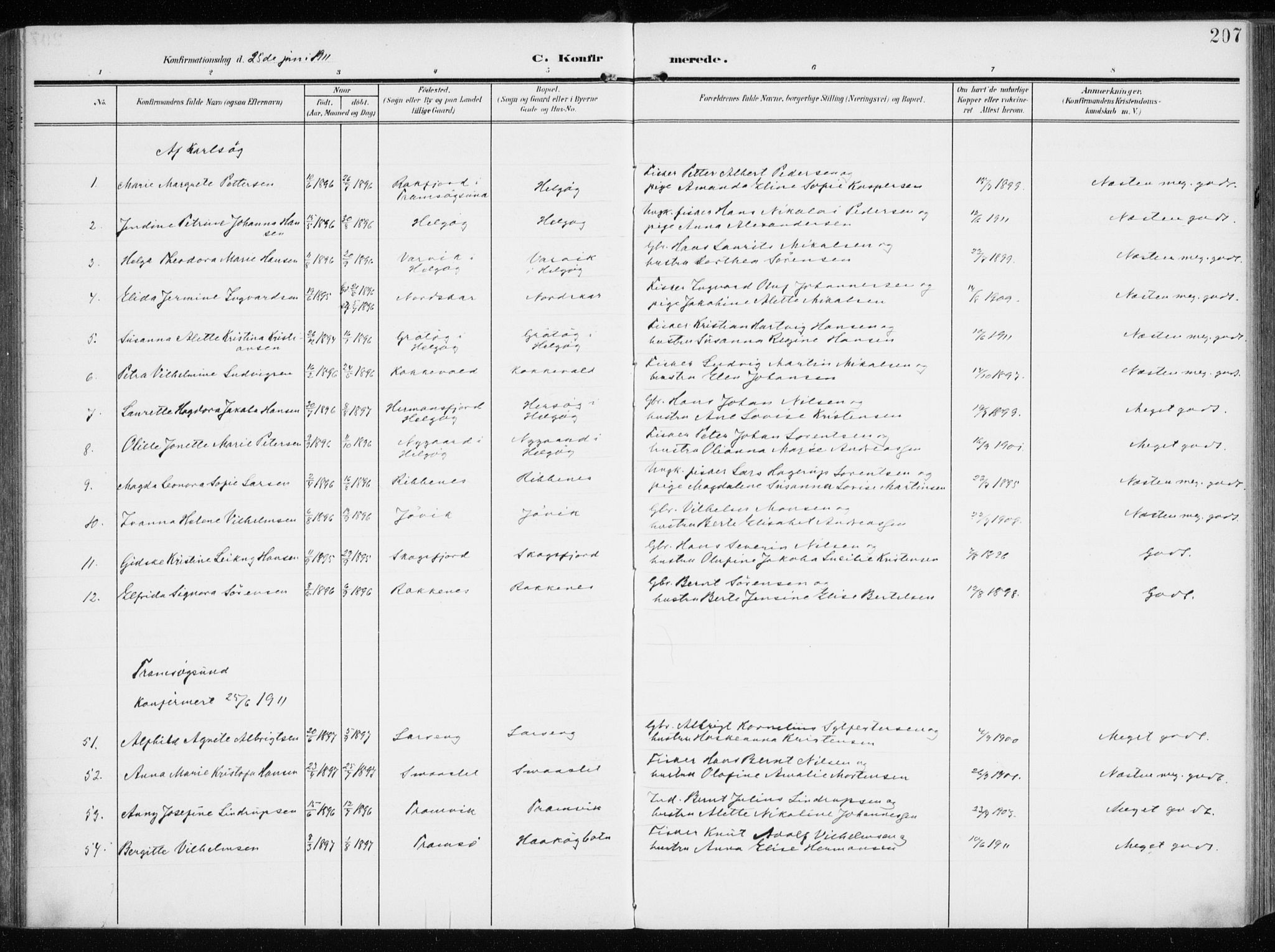 Tromsøysund sokneprestkontor, AV/SATØ-S-1304/G/Ga/L0007kirke: Parish register (official) no. 7, 1907-1914, p. 207