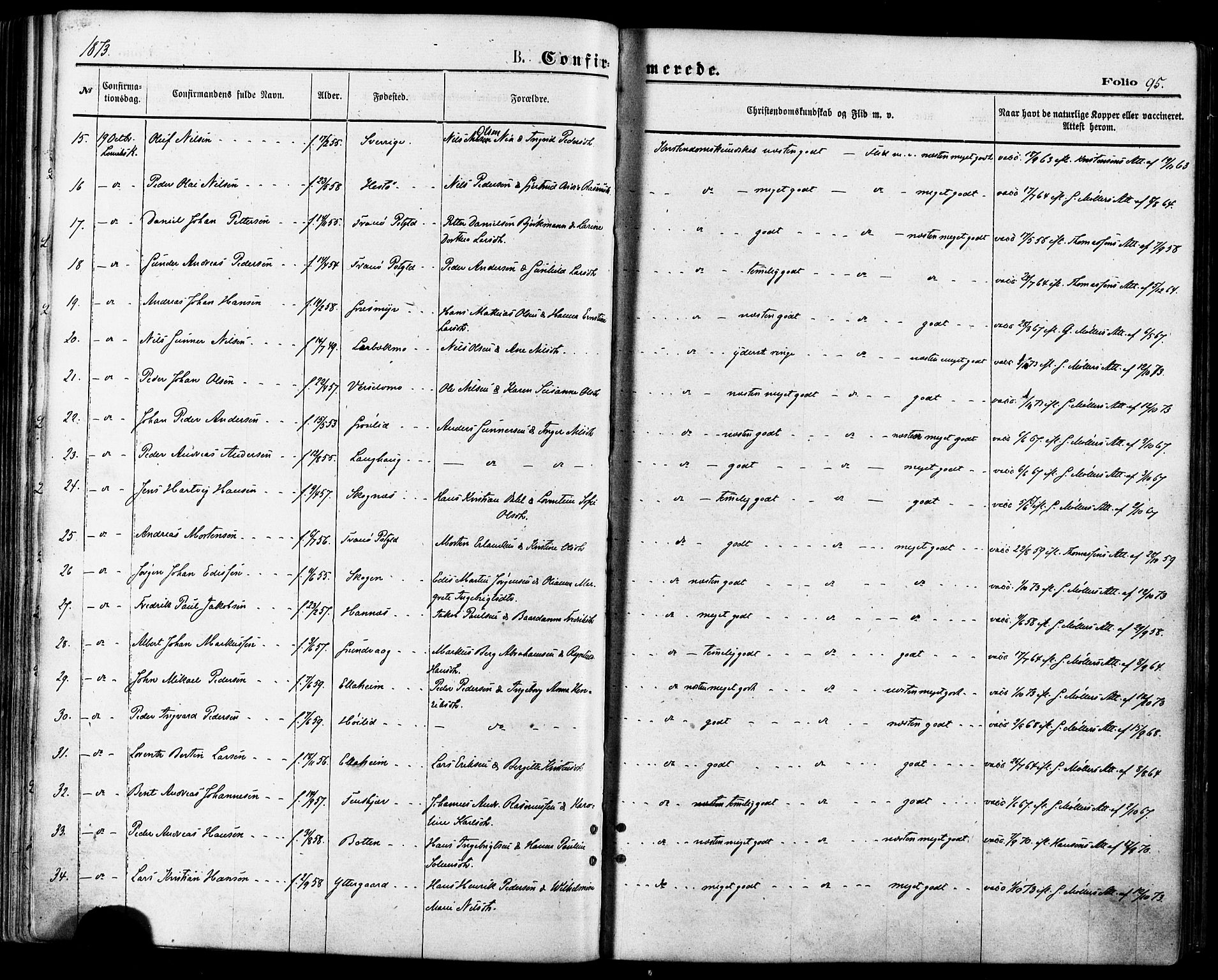 Lenvik sokneprestembete, SATØ/S-1310/H/Ha/Haa/L0010kirke: Parish register (official) no. 10, 1873-1880, p. 95
