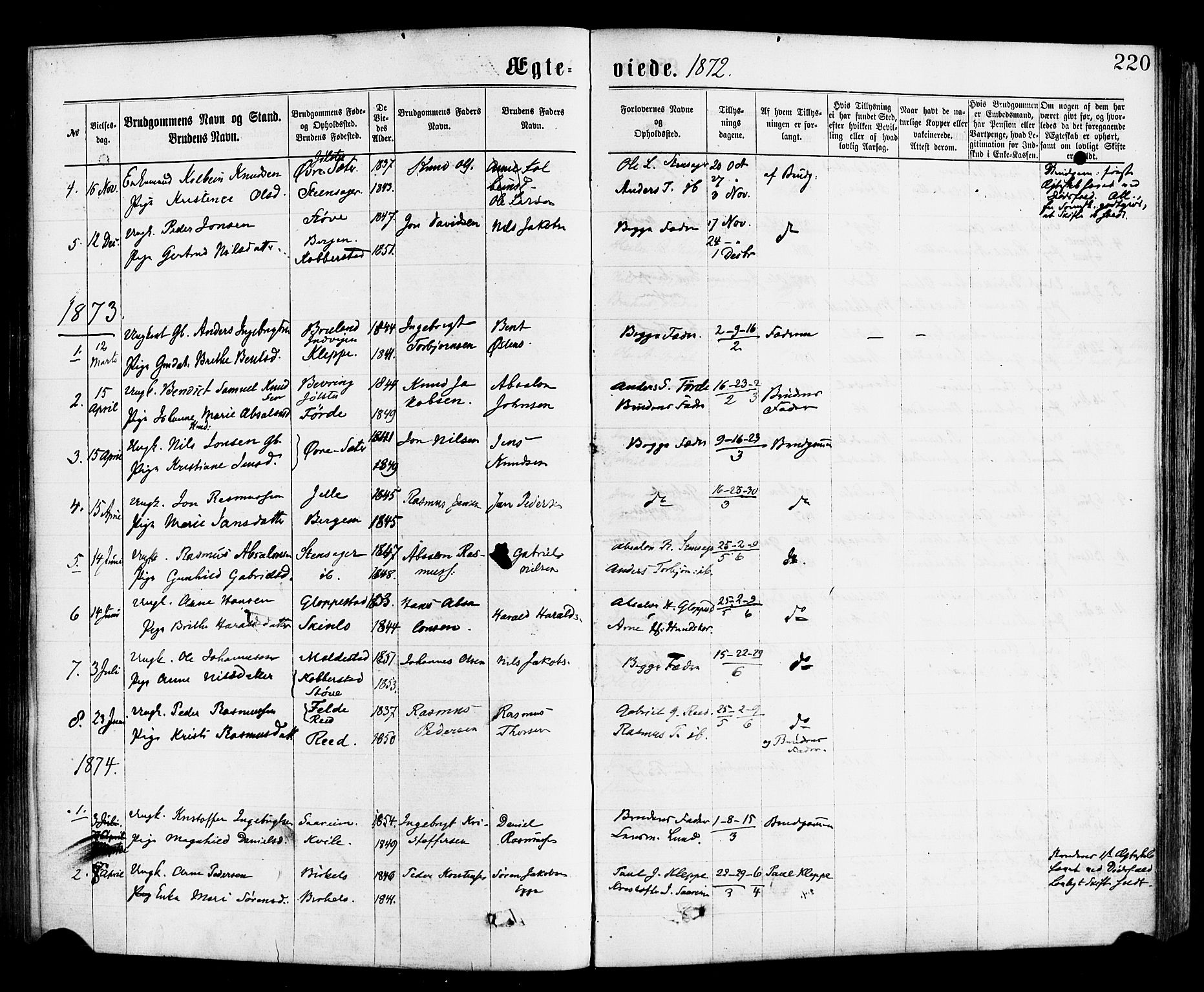 Gloppen sokneprestembete, AV/SAB-A-80101/H/Haa/Haac/L0001: Parish register (official) no. C 1, 1871-1886, p. 220