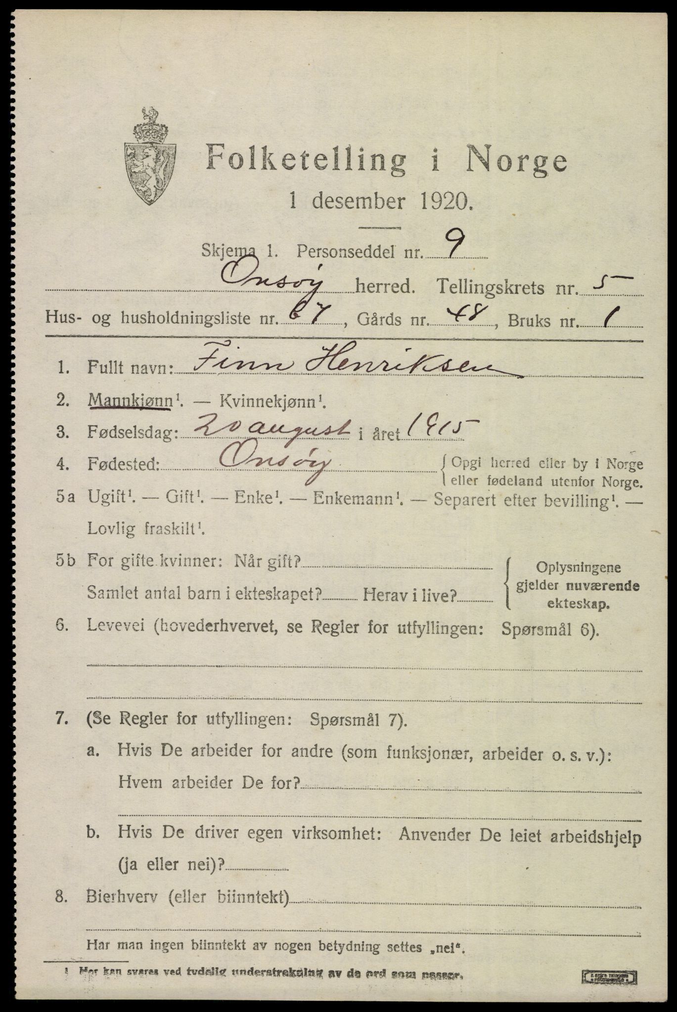 SAO, 1920 census for Onsøy, 1920, p. 7392