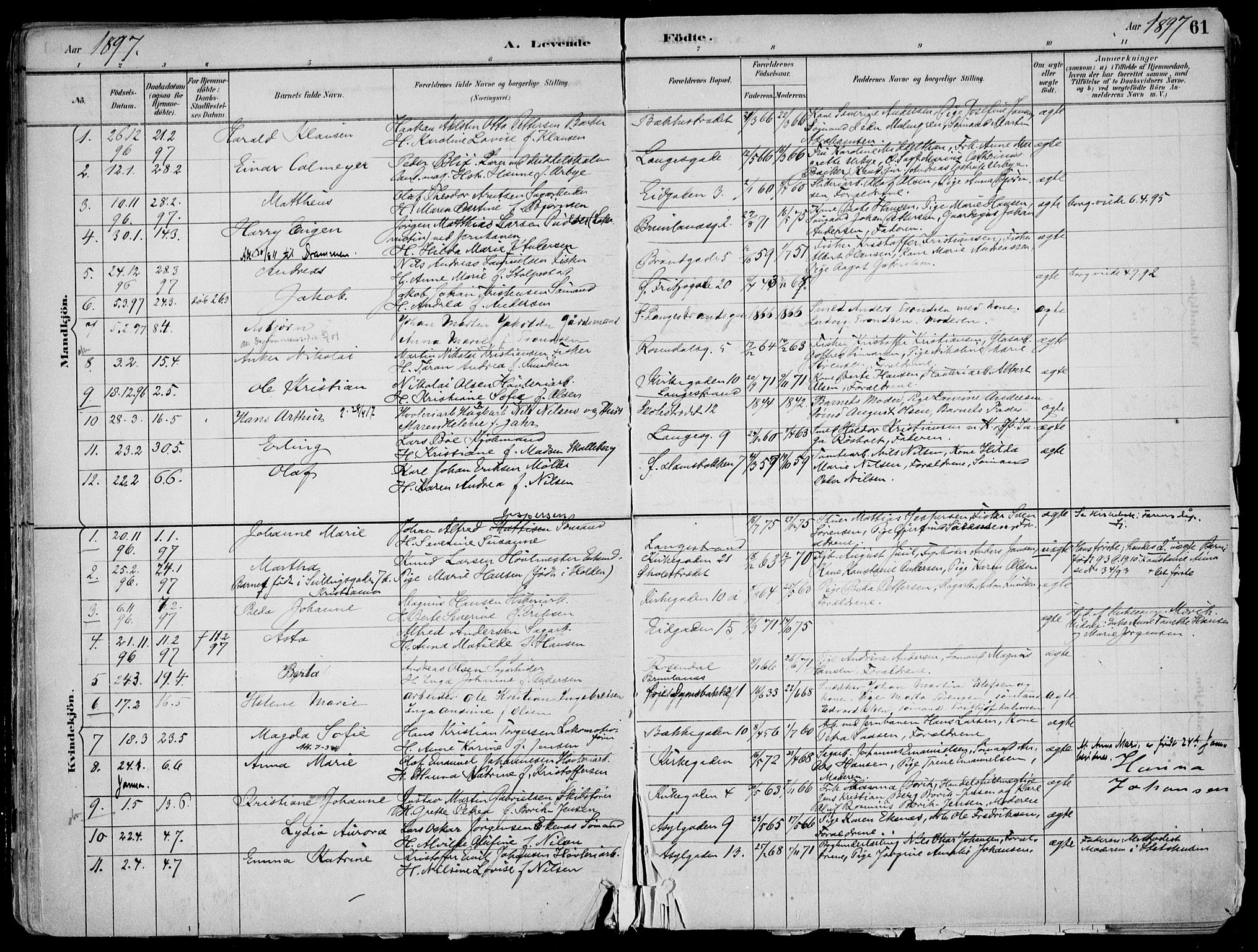 Larvik kirkebøker, AV/SAKO-A-352/F/Fb/L0004: Parish register (official) no. II 4, 1884-1902, p. 61