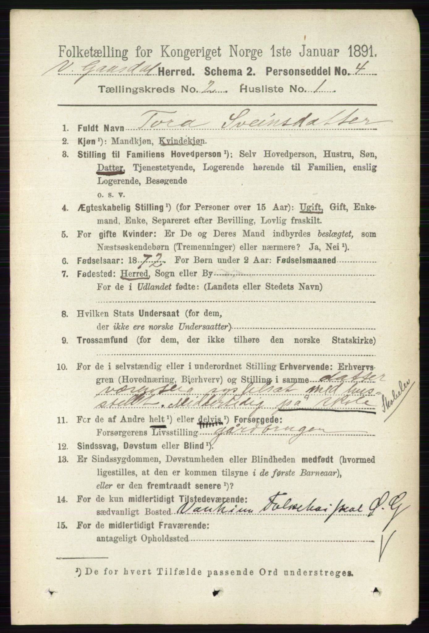 RA, 1891 census for 0523 Vestre Gausdal, 1891, p. 512