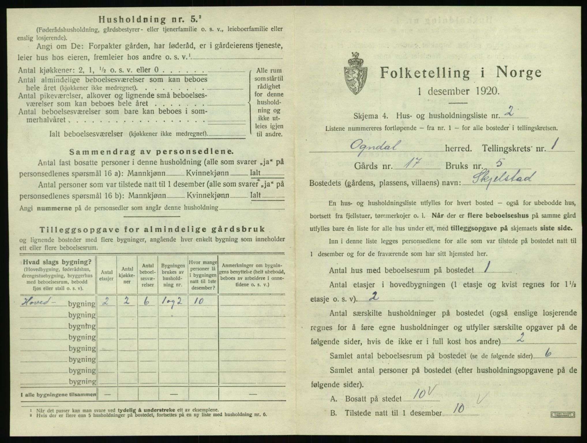 SAT, 1920 census for Ogndal, 1920, p. 35