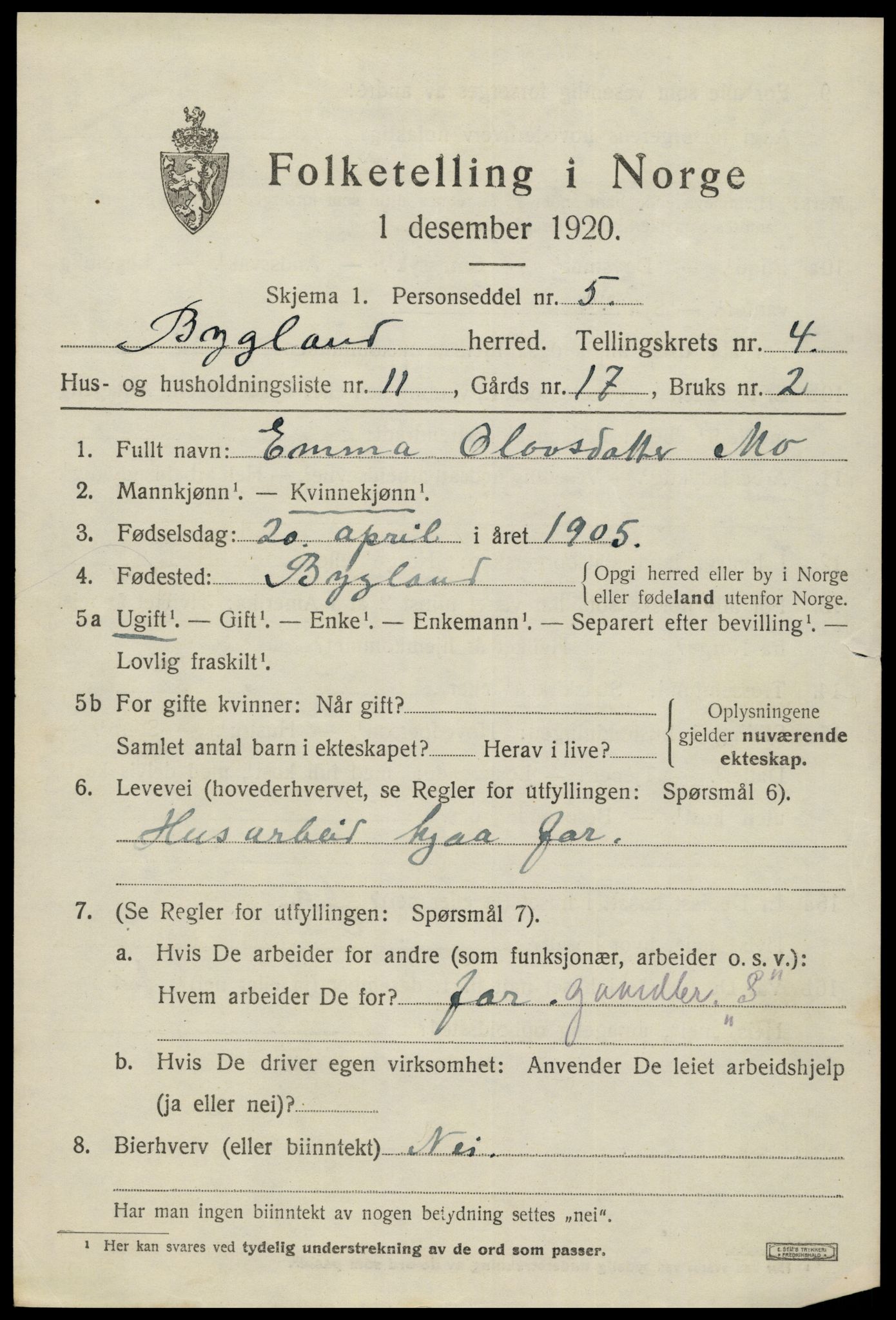 SAK, 1920 census for Bygland, 1920, p. 1847