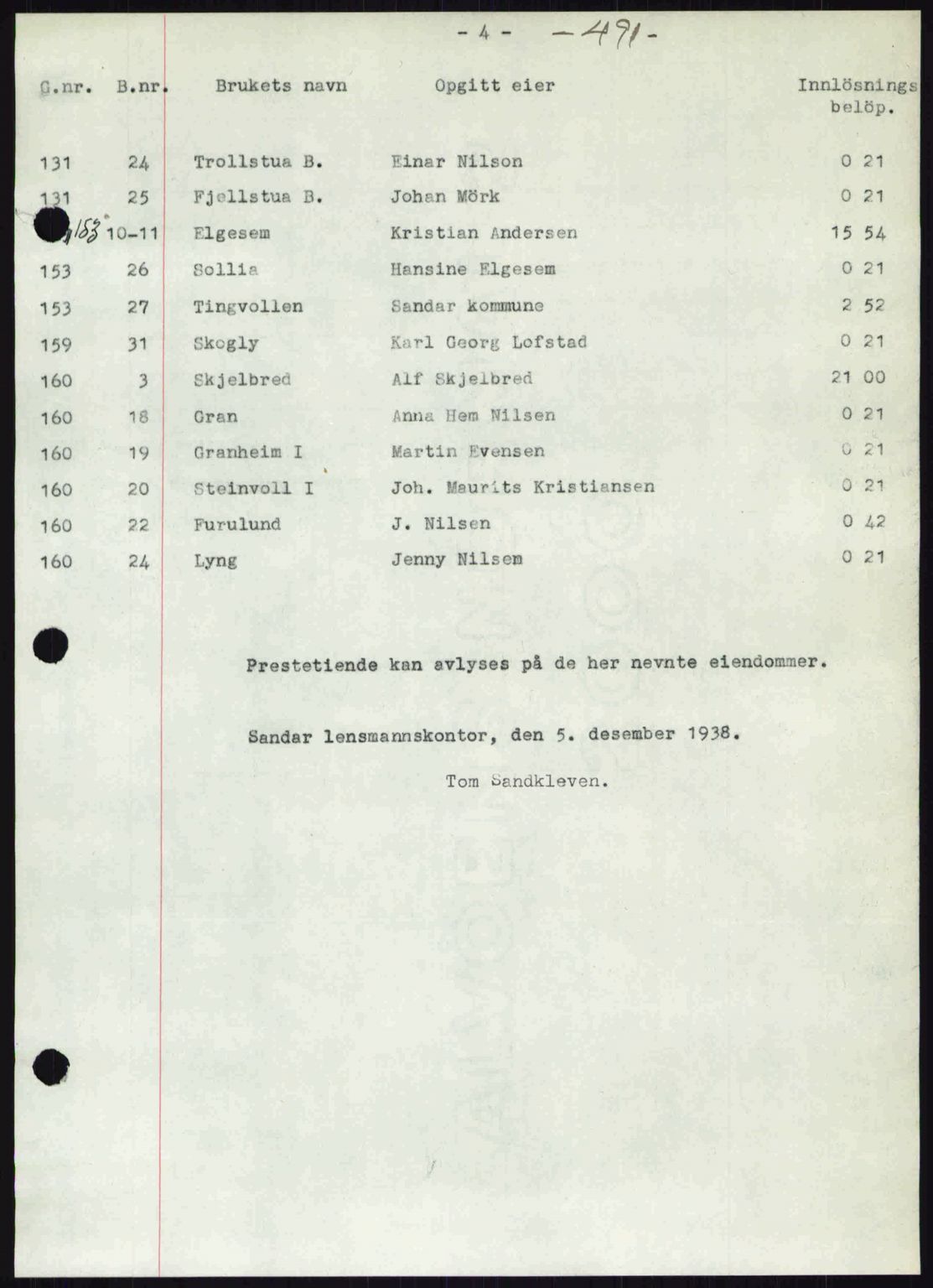 Sandar sorenskriveri, SAKO/A-86/G/Ga/Gab/L0001: Mortgage book no. B-1 og B-3 - B-9, 1936-1944, Diary no: : 2414/1938