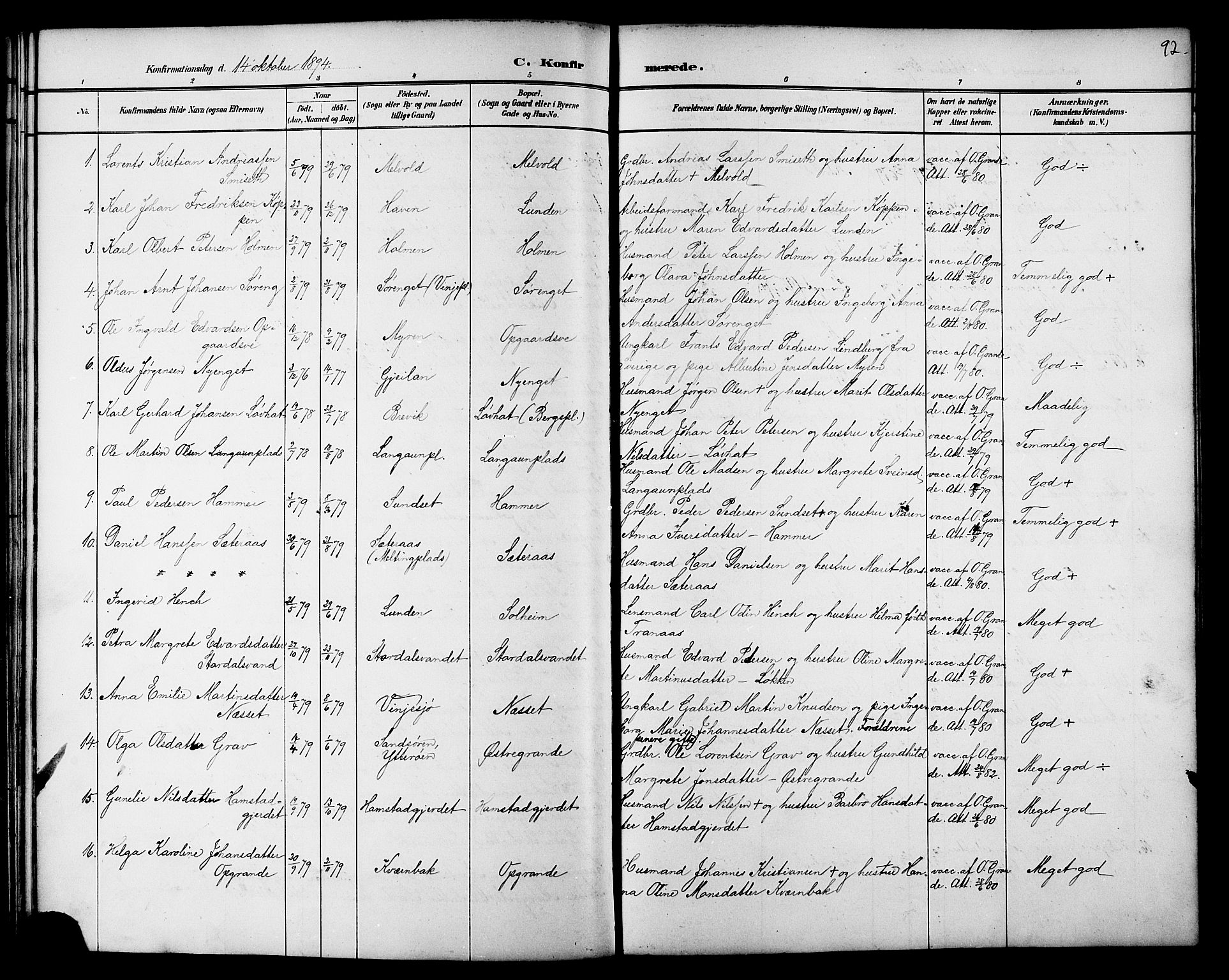 Ministerialprotokoller, klokkerbøker og fødselsregistre - Nord-Trøndelag, SAT/A-1458/733/L0327: Parish register (copy) no. 733C02, 1888-1918, p. 92