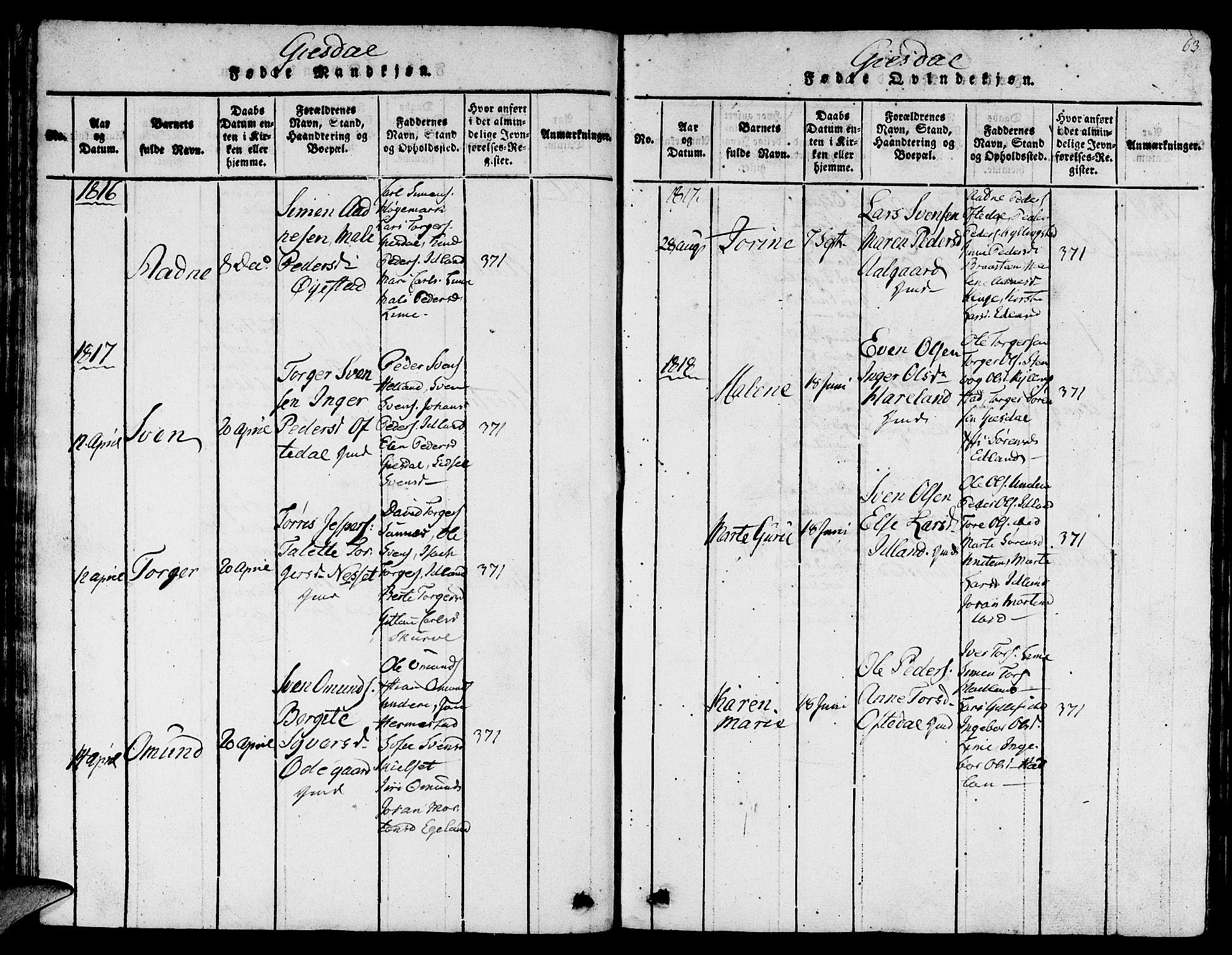 Lye sokneprestkontor, SAST/A-101794/001/30BB/L0001: Parish register (copy) no. B 1 /2, 1816-1826, p. 63