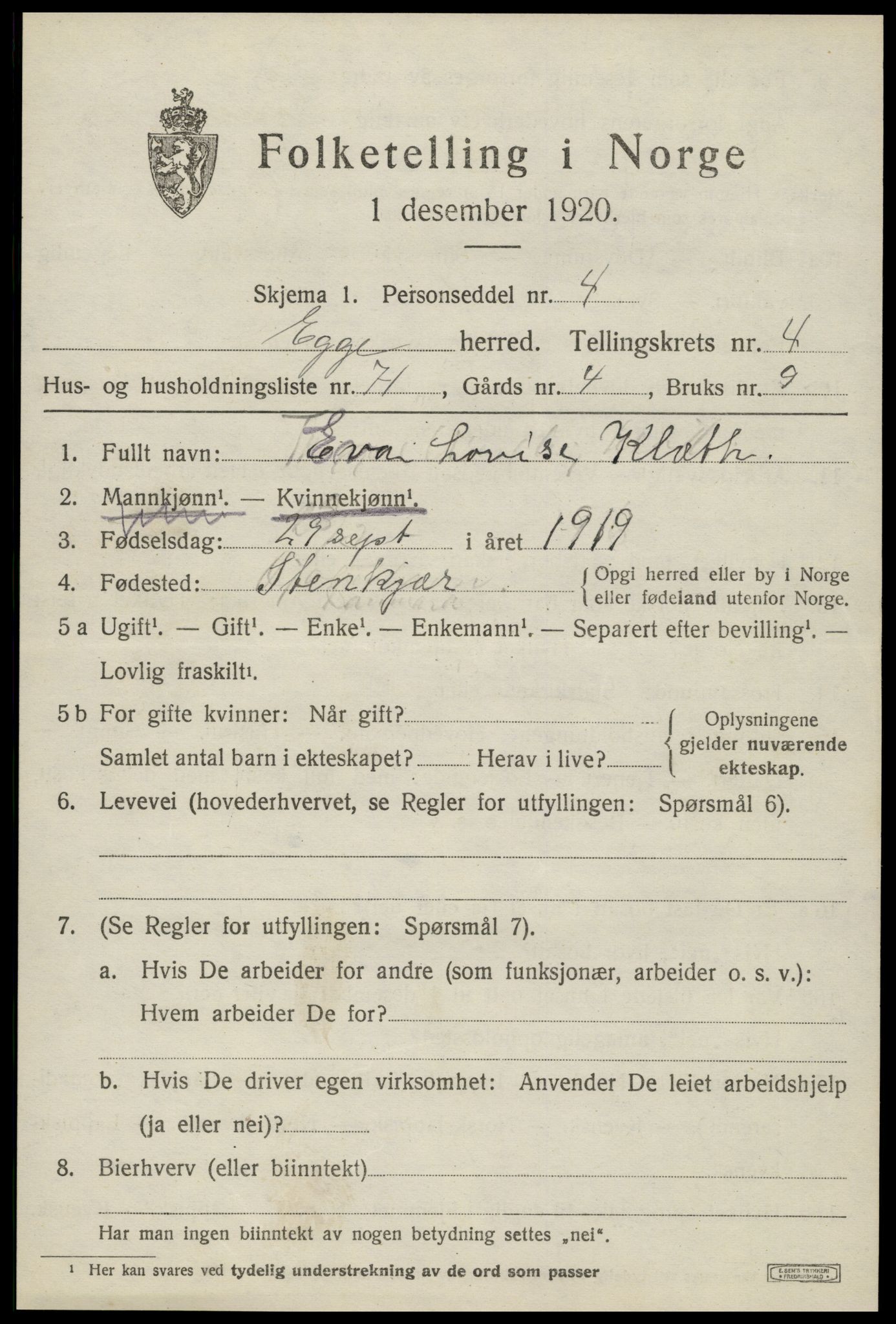 SAT, 1920 census for Egge, 1920, p. 3338