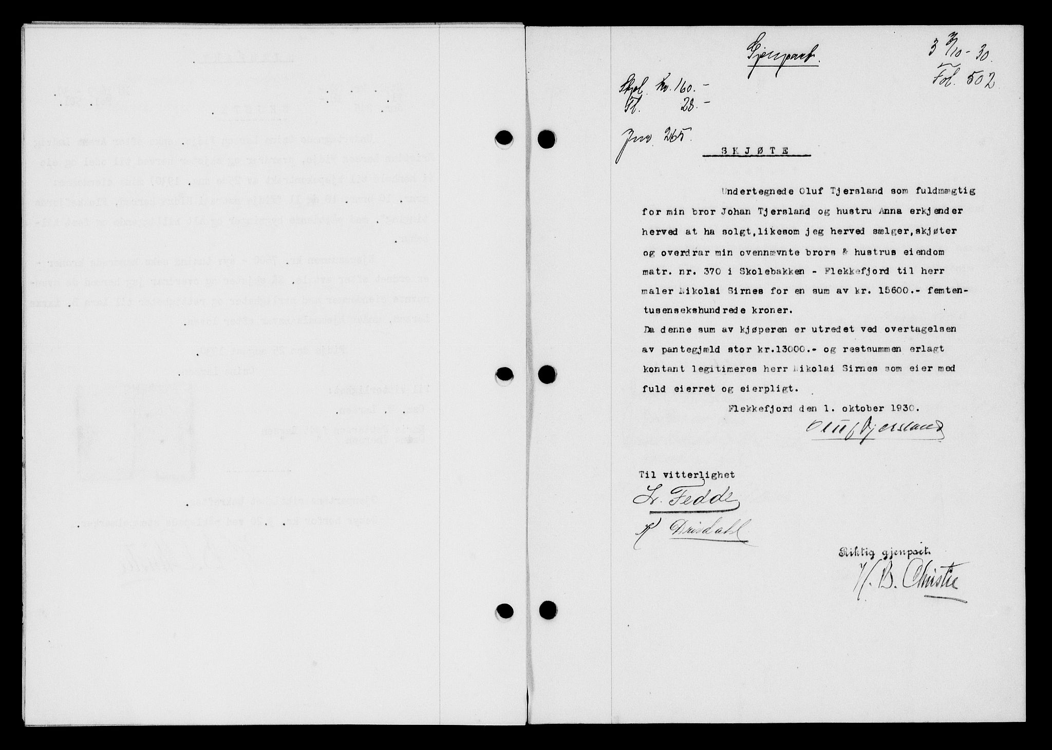 Flekkefjord sorenskriveri, SAK/1221-0001/G/Gb/Gba/L0046: Mortgage book no. 44, 1930-1931, Deed date: 07.10.1930