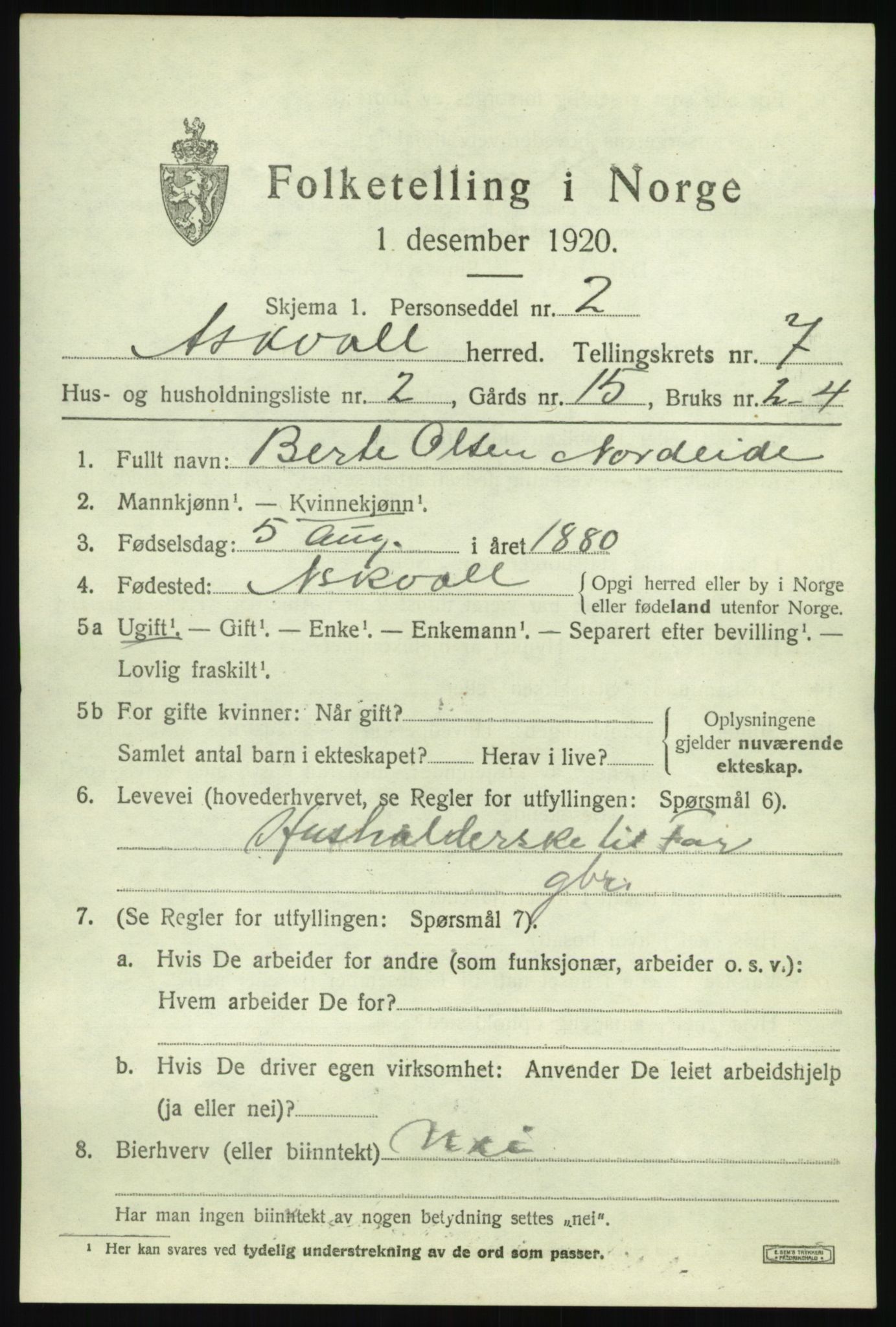 SAB, 1920 census for Askvoll, 1920, p. 3274