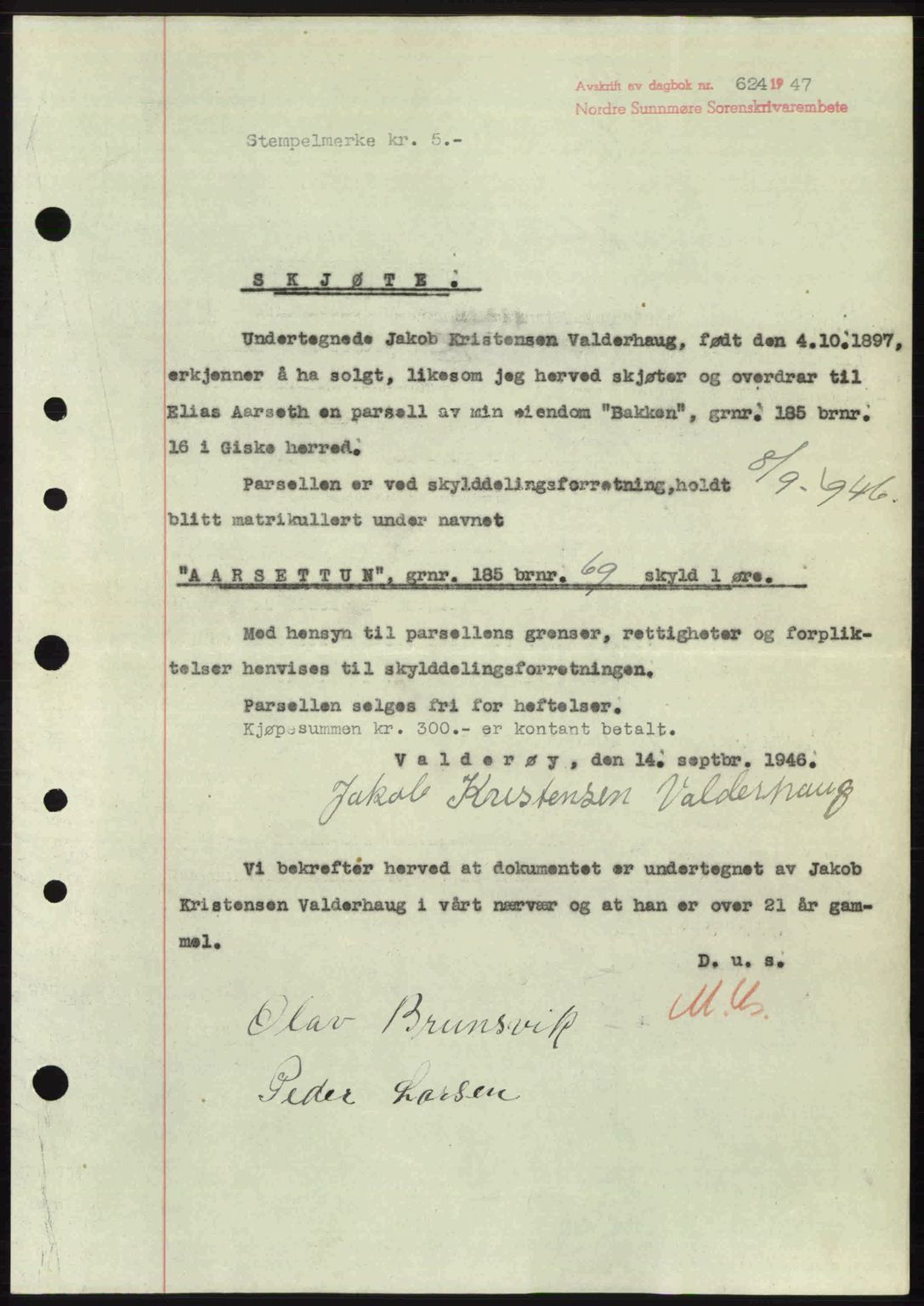 Nordre Sunnmøre sorenskriveri, AV/SAT-A-0006/1/2/2C/2Ca: Mortgage book no. A24, 1947-1947, Diary no: : 624/1947