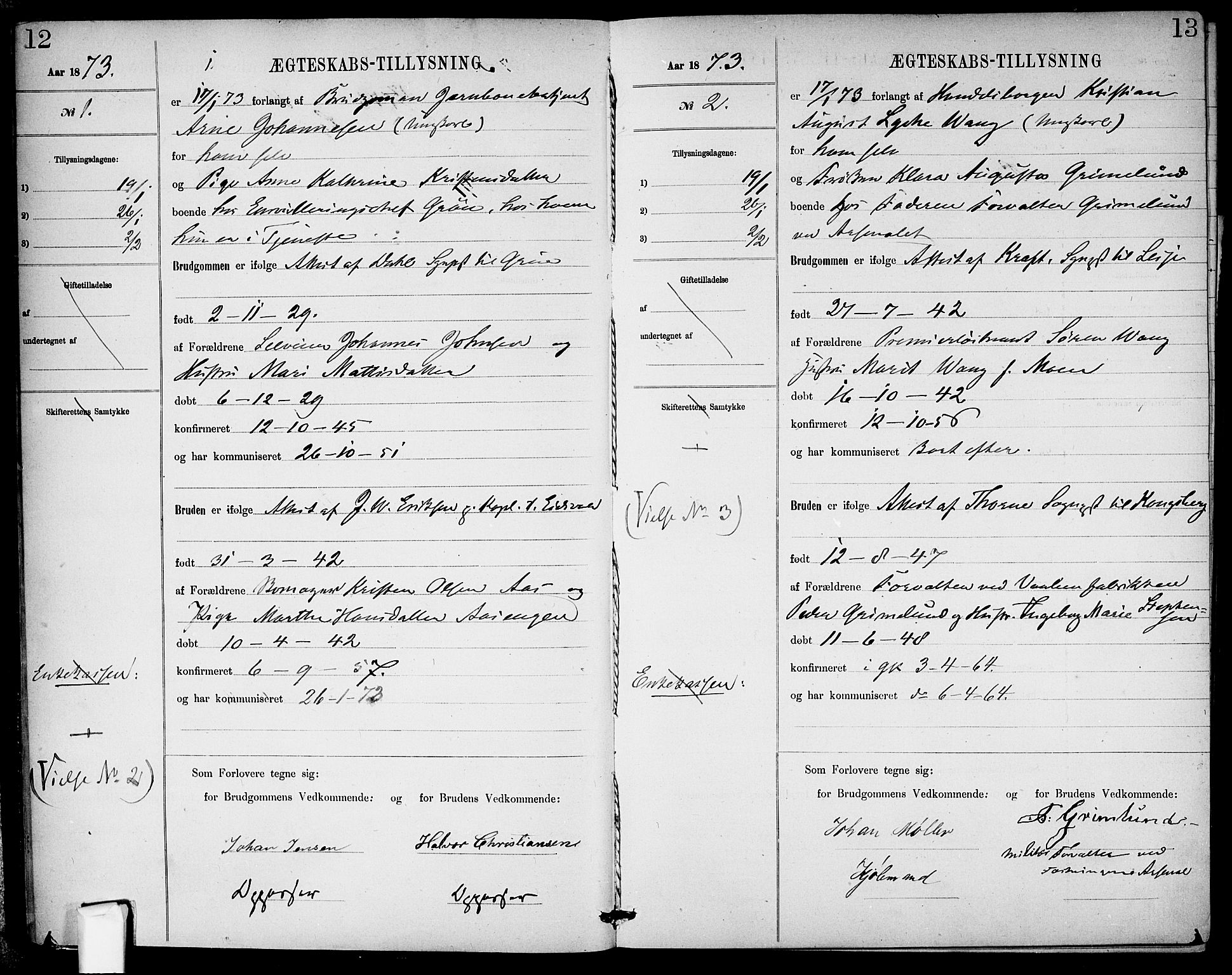 Garnisonsmenigheten Kirkebøker, SAO/A-10846/H/Ha/L0007: Banns register no. I 7, 1872-1893, p. 12-13