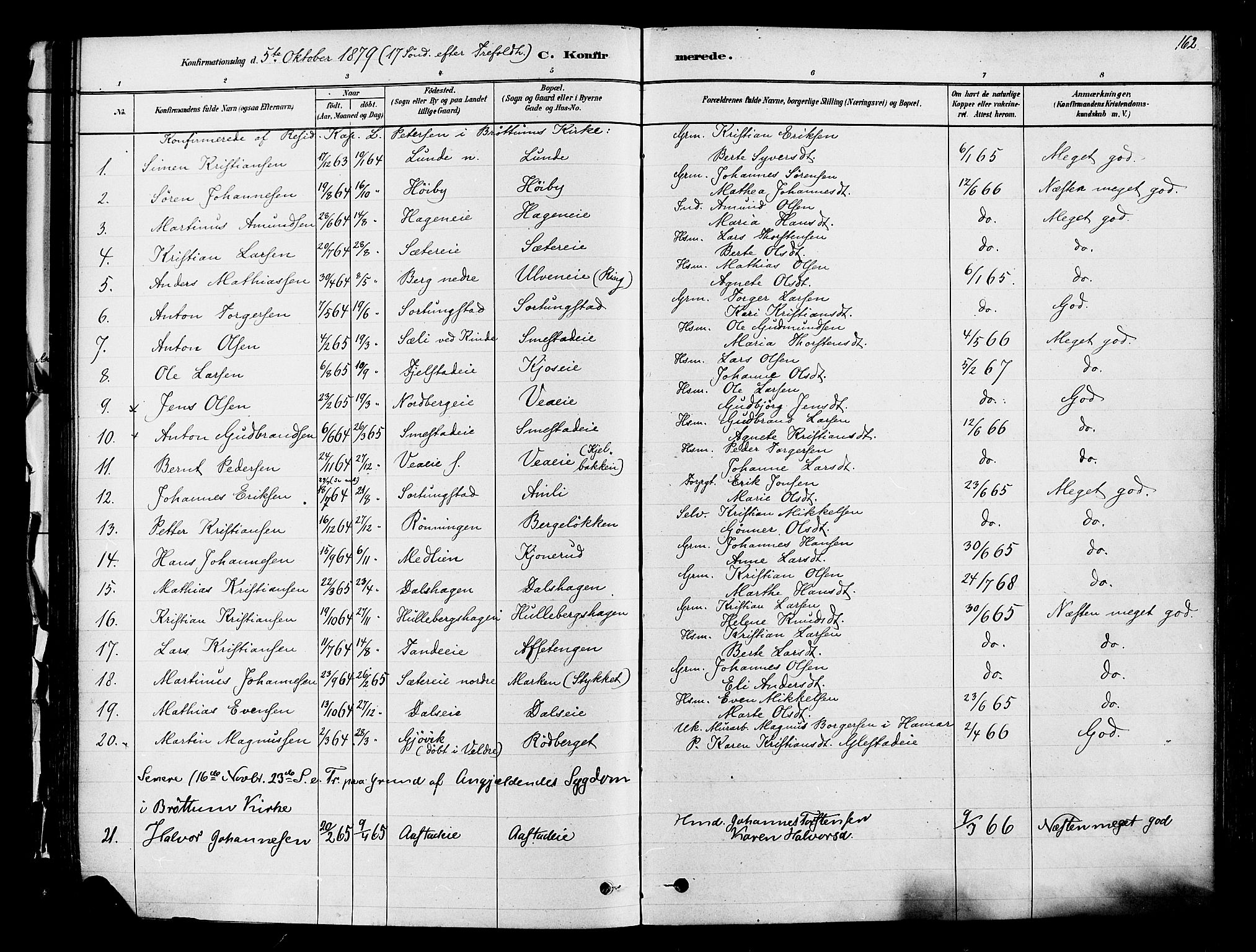 Ringsaker prestekontor, SAH/PREST-014/K/Ka/L0012: Parish register (official) no. 12, 1879-1890, p. 162