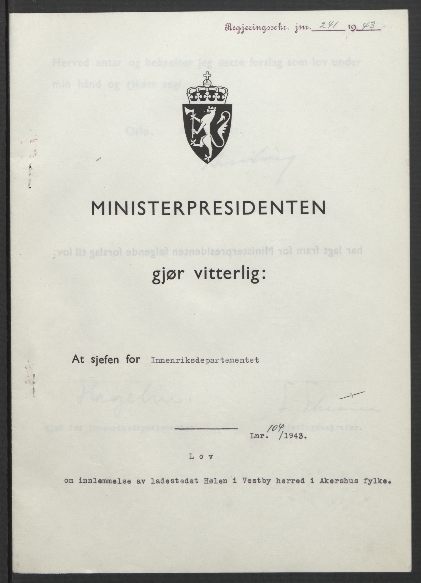 NS-administrasjonen 1940-1945 (Statsrådsekretariatet, de kommisariske statsråder mm), RA/S-4279/D/Db/L0099: Lover, 1943, p. 482