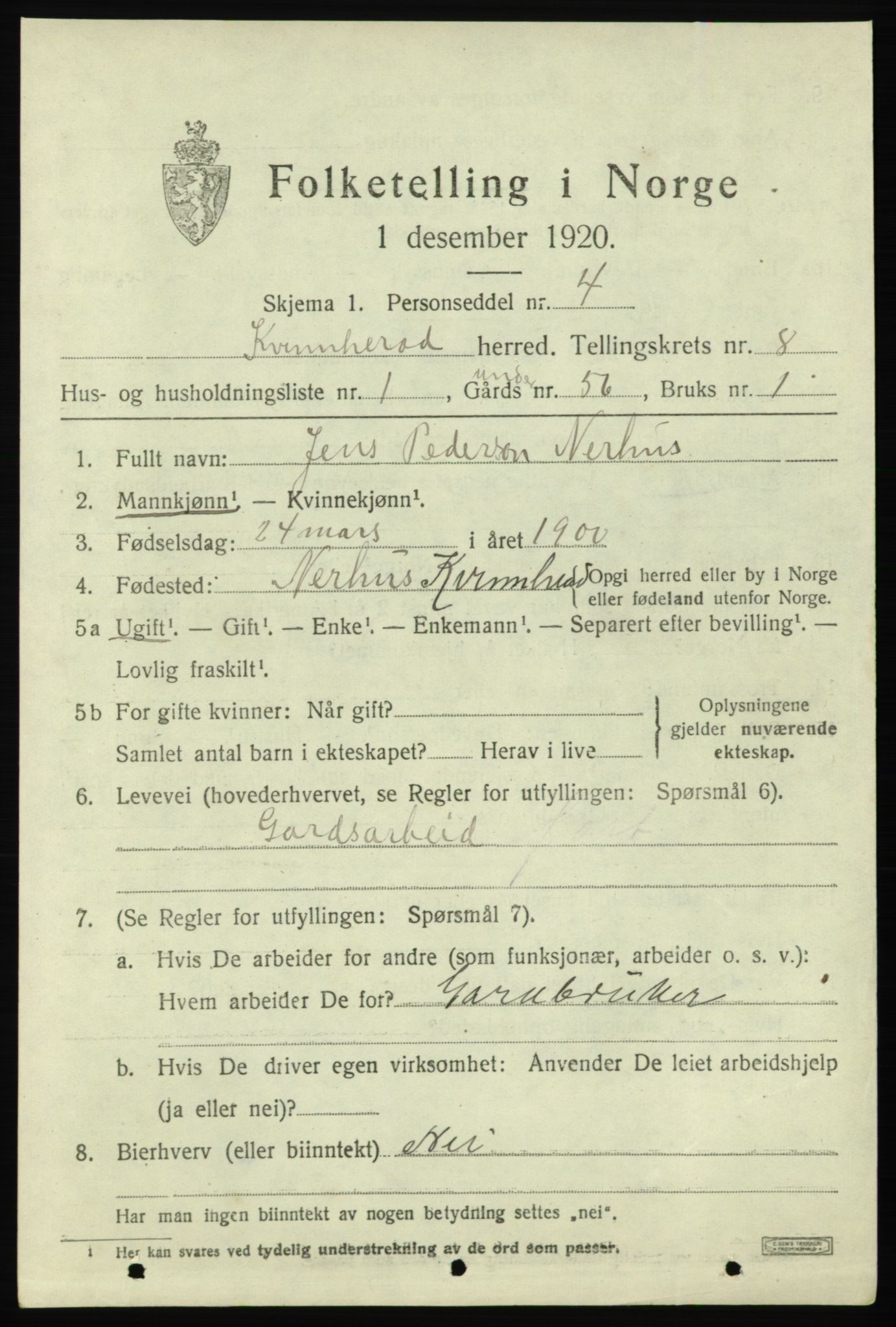 SAB, 1920 census for Kvinnherad, 1920, p. 6580