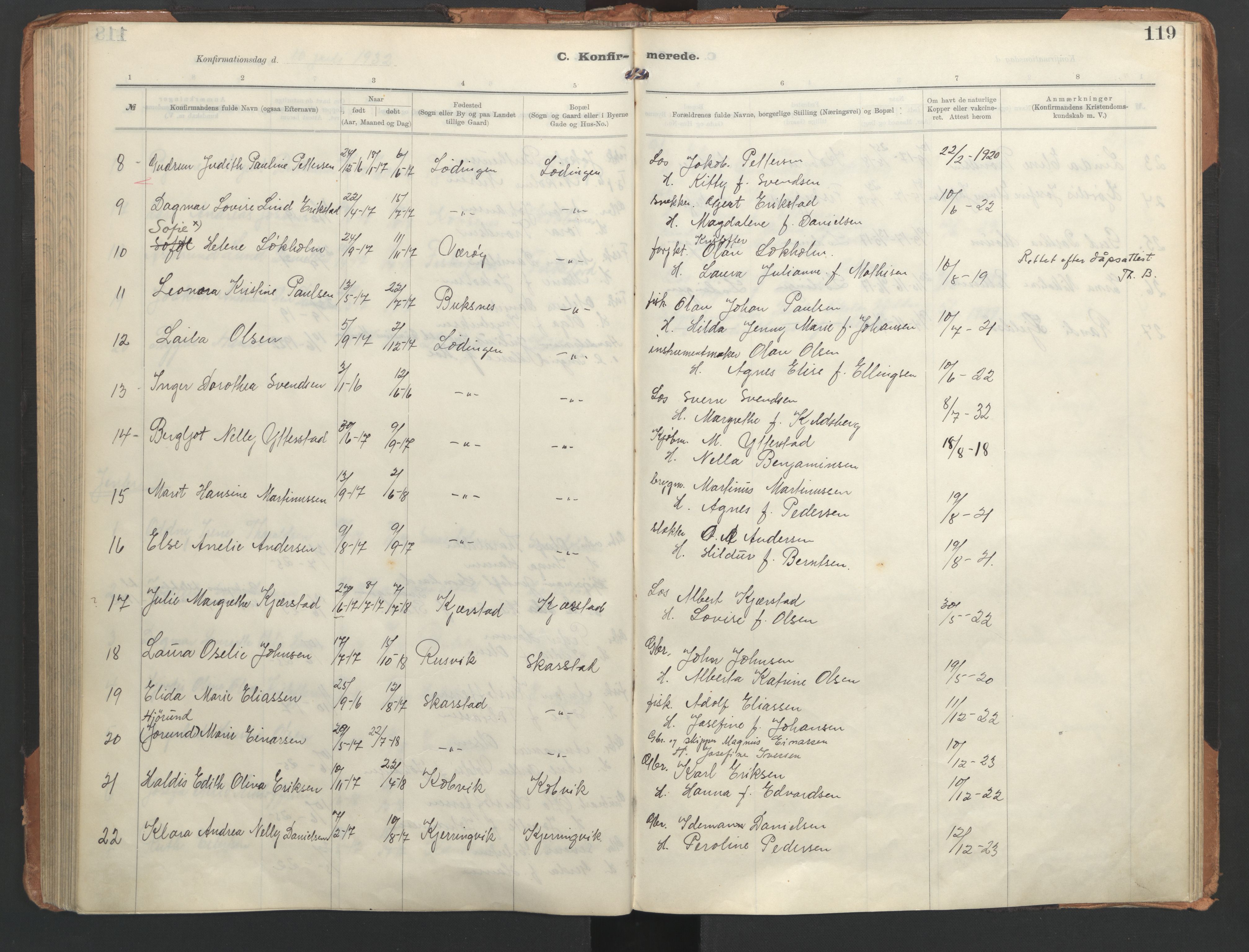 Ministerialprotokoller, klokkerbøker og fødselsregistre - Nordland, AV/SAT-A-1459/872/L1042: Parish register (official) no. 872A17, 1910-1937, p. 119