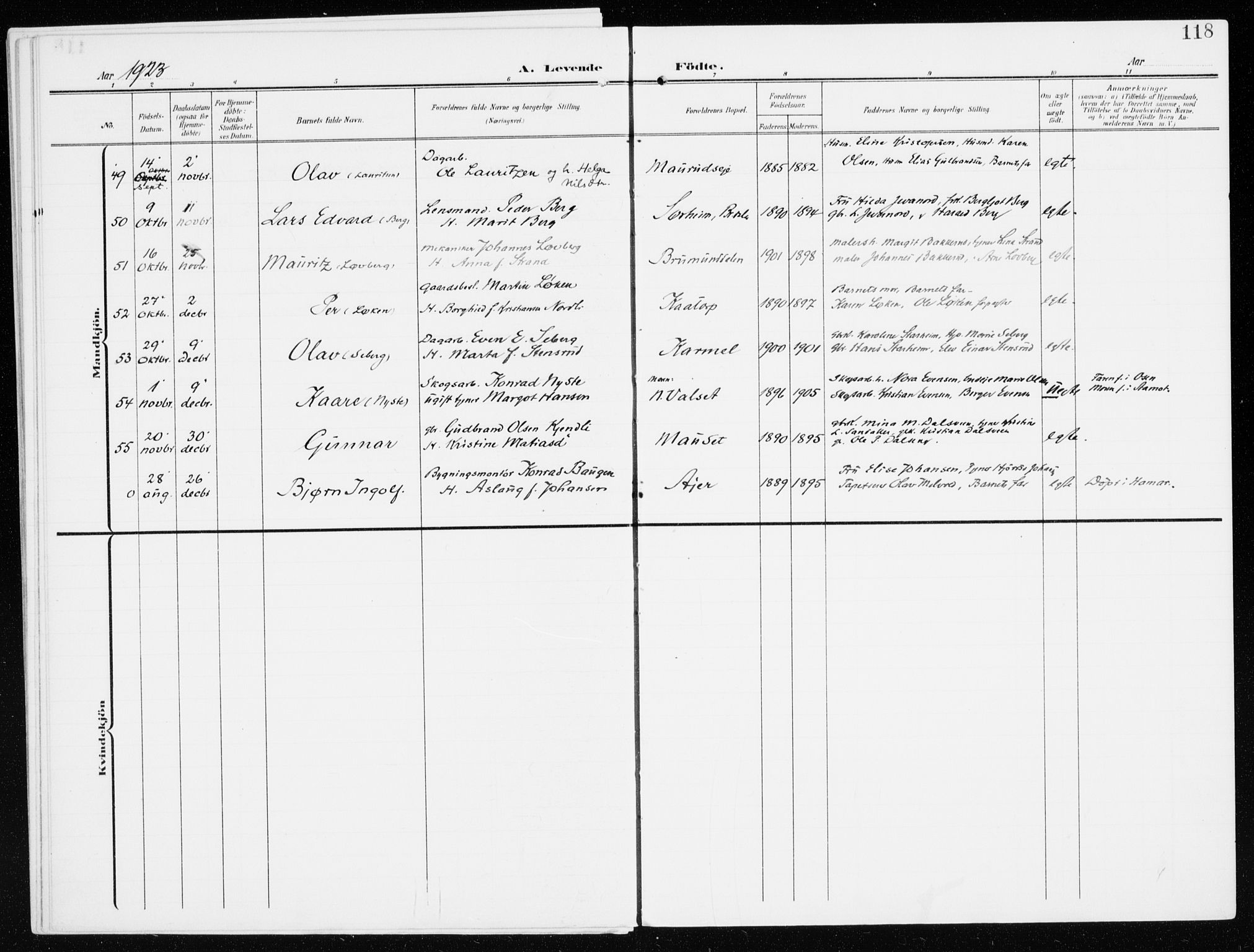 Furnes prestekontor, AV/SAH-PREST-012/K/Ka/L0001: Parish register (official) no. 1, 1907-1935, p. 118