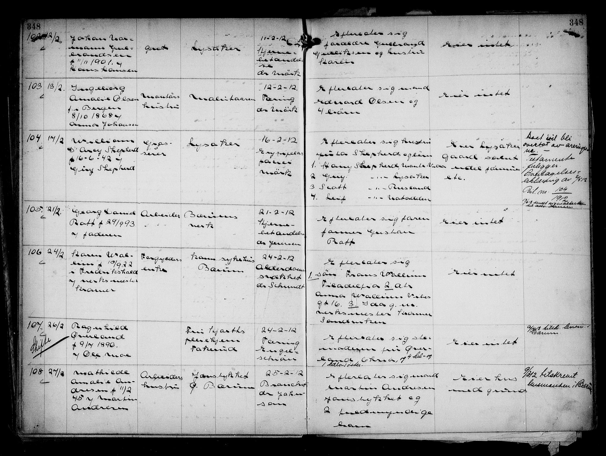 Aker kriminaldommer, skifte- og auksjonsforvalterembete, AV/SAO-A-10452/H/Hb/Hba/Hbaa/L0002: Dødsfallsprotokoll, 1907-1912, p. 348