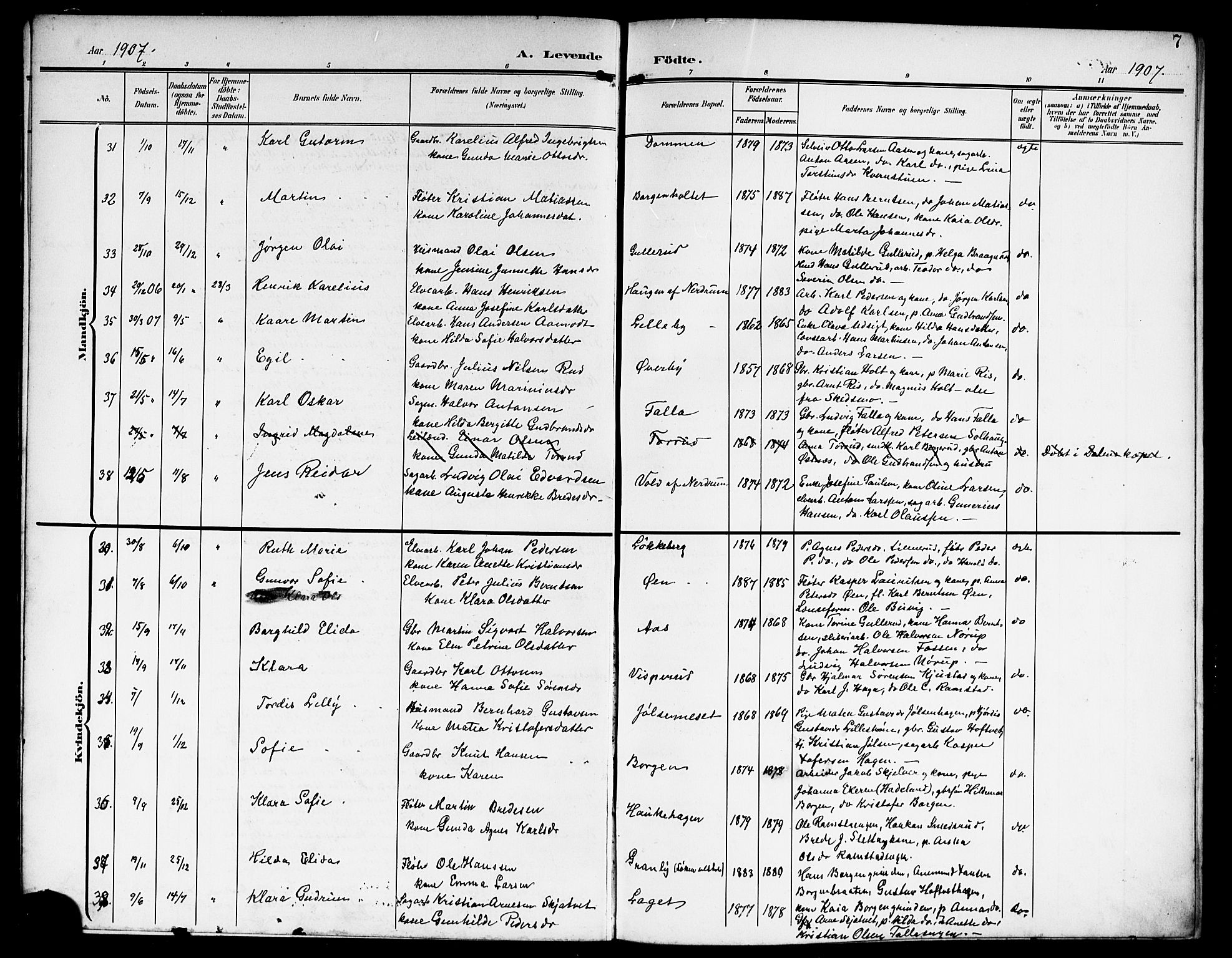 Fet prestekontor Kirkebøker, AV/SAO-A-10370a/G/Ga/L0008: Parish register (copy) no. I 8, 1907-1920, p. 7