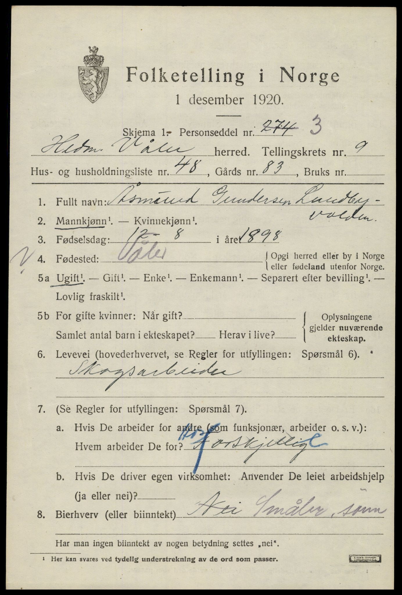 SAH, 1920 census for Våler (Hedmark), 1920, p. 9791