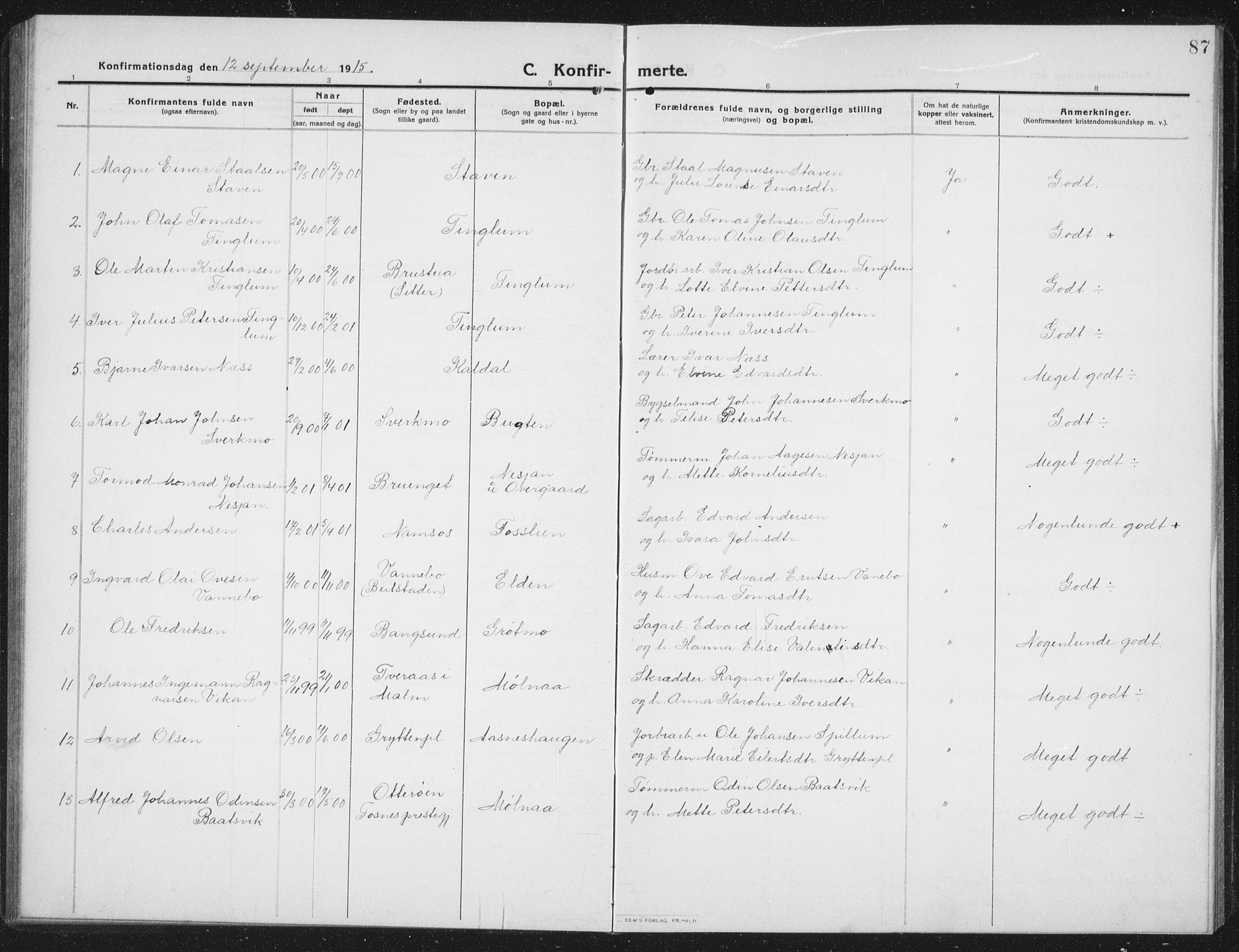 Ministerialprotokoller, klokkerbøker og fødselsregistre - Nord-Trøndelag, SAT/A-1458/742/L0413: Parish register (copy) no. 742C04, 1911-1938, p. 87