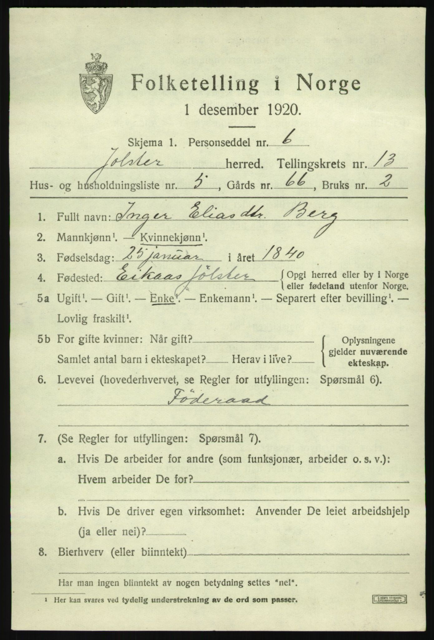 SAB, 1920 census for Jølster, 1920, p. 6086