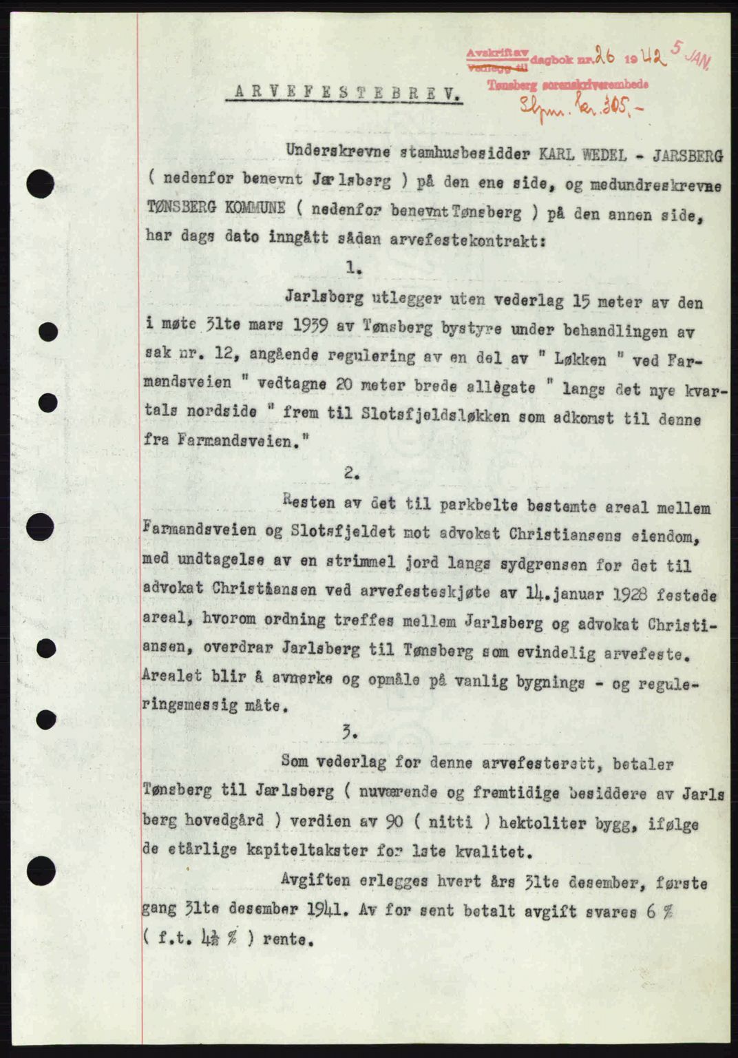 Tønsberg sorenskriveri, AV/SAKO-A-130/G/Ga/Gaa/L0011: Mortgage book no. A11, 1941-1942, Diary no: : 26/1942