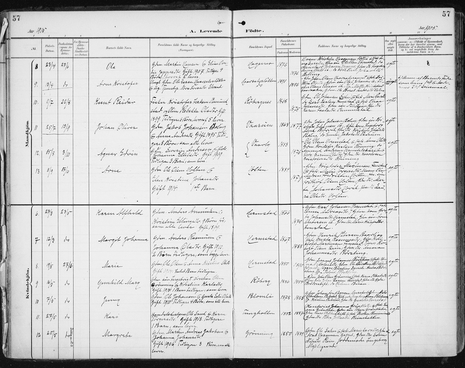 Ministerialprotokoller, klokkerbøker og fødselsregistre - Sør-Trøndelag, SAT/A-1456/646/L0616: Parish register (official) no. 646A14, 1900-1918, p. 57
