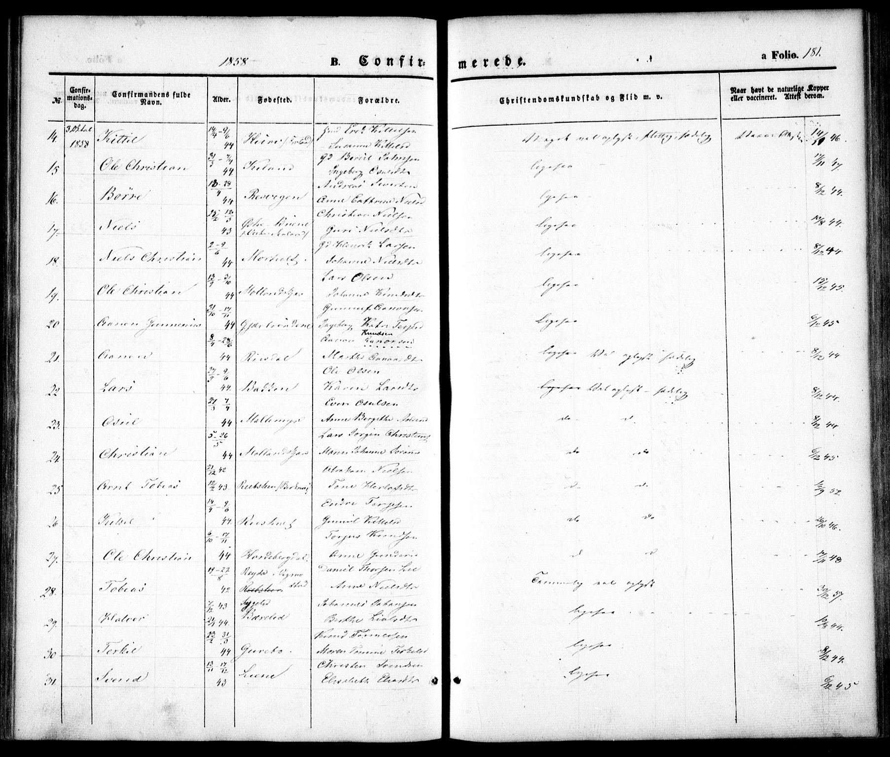 Hommedal sokneprestkontor, AV/SAK-1111-0023/F/Fa/Fab/L0004: Parish register (official) no. A 4, 1848-1860, p. 181