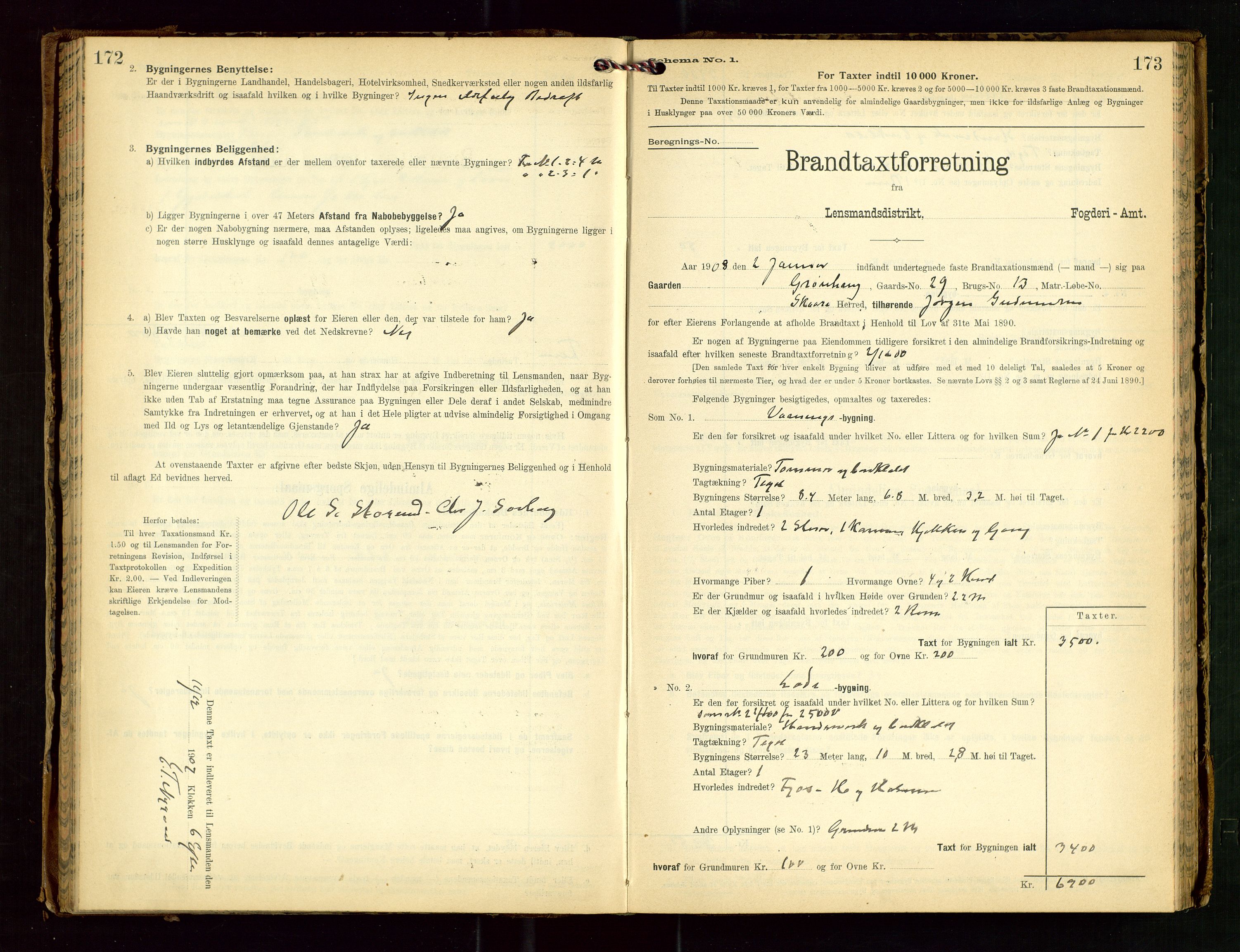 Torvestad lensmannskontor, SAST/A-100307/1/Gob/L0003: "Brandtaxationsprotokol for Torvestad Lensmannsdistrikt", 1905-1909, p. 172-173