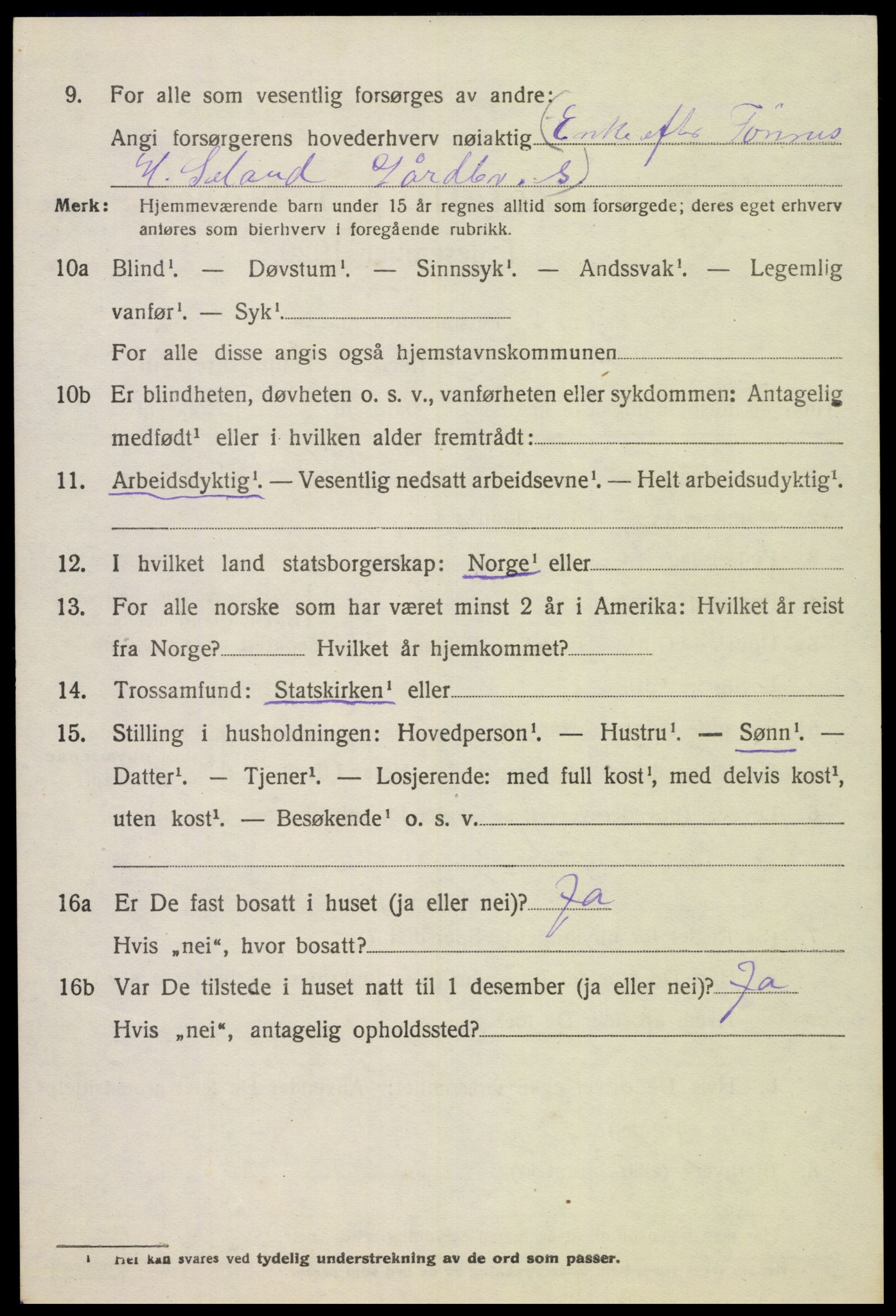 SAK, 1920 census for Tonstad, 1920, p. 1307