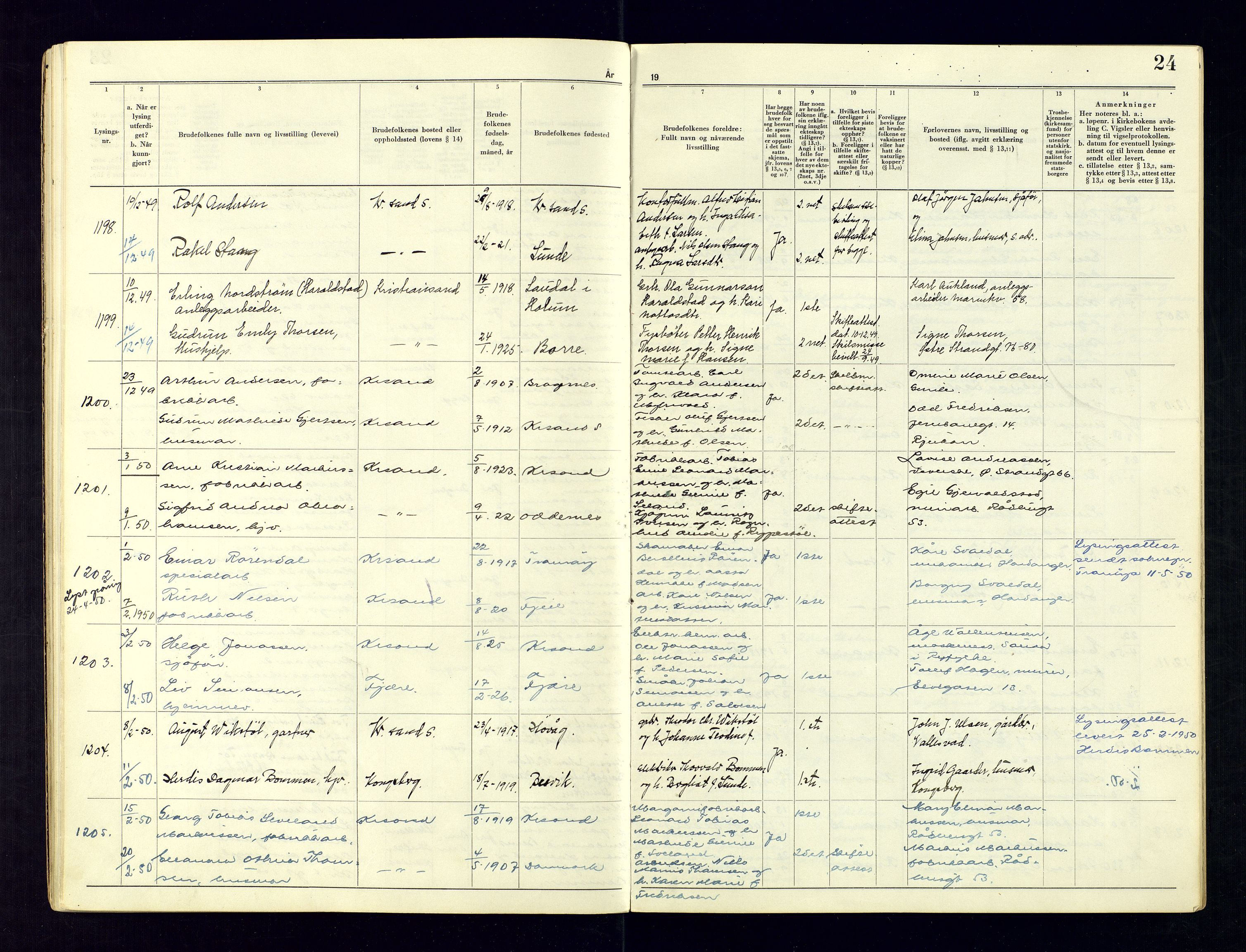 Kristiansand byrett - 2, AV/SAK-1223-0002/I/Ib/L0149/0004: Vigselbøker og lysningsbøker / Lysningsbok, 1946-1961, p. 24