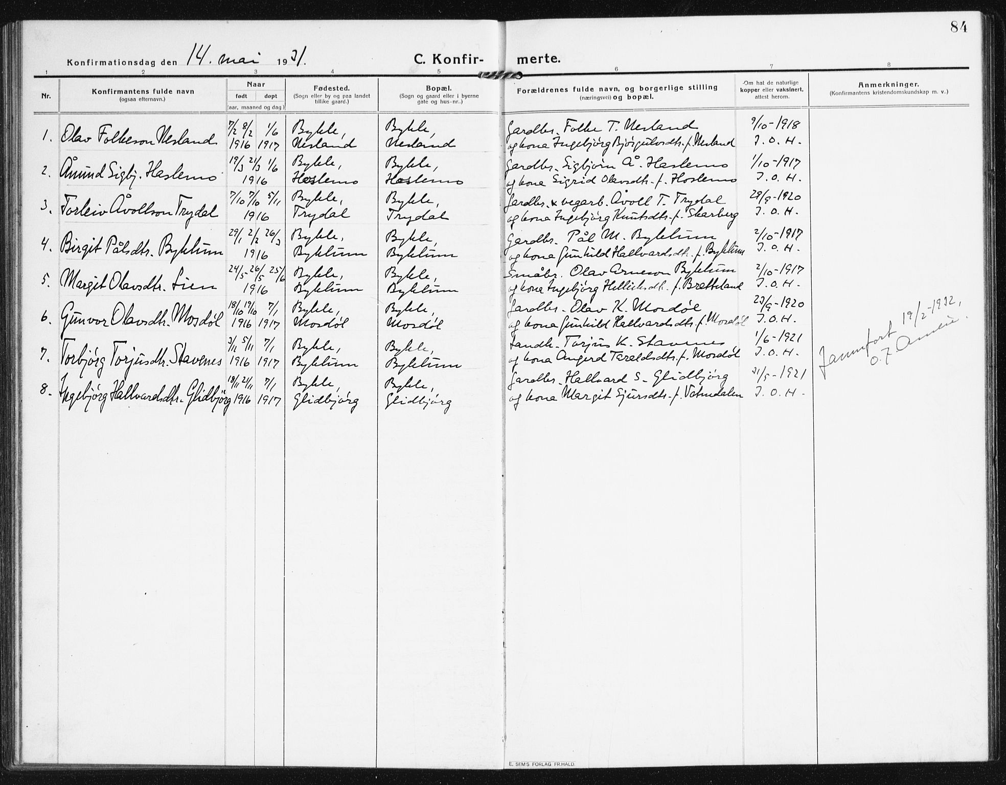 Valle sokneprestkontor, SAK/1111-0044/F/Fb/Fba/L0004: Parish register (copy) no. B 4, 1917-1944, p. 84