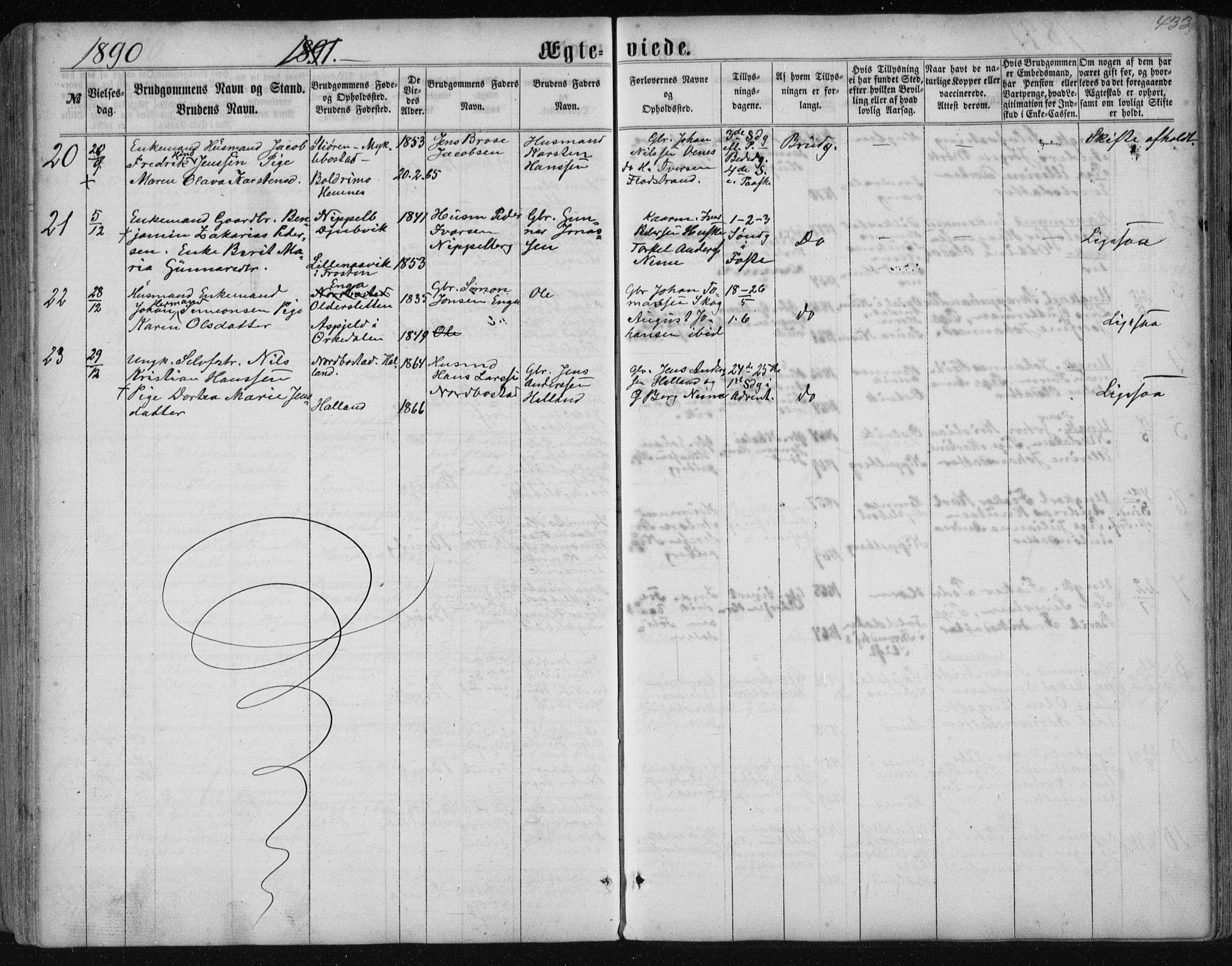 Ministerialprotokoller, klokkerbøker og fødselsregistre - Nordland, AV/SAT-A-1459/838/L0556: Parish register (copy) no. 838C03, 1861-1893, p. 433